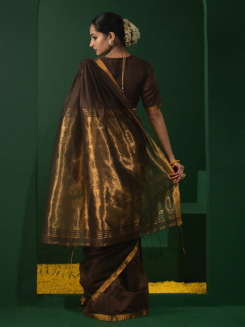 Coffee and Bronze Cotton Silk Saree with Blouse Fabric