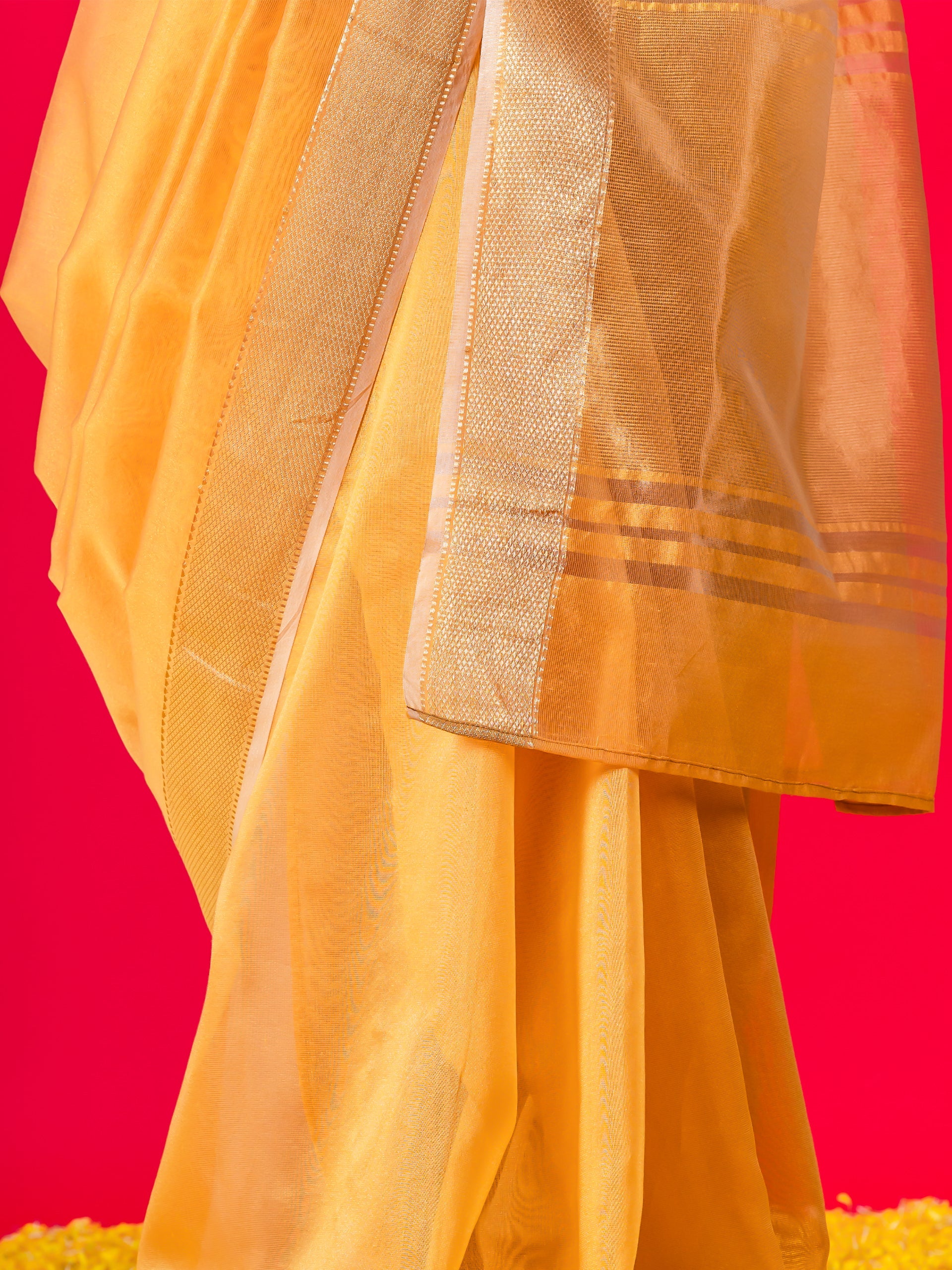 Dandelion Yellow Gold metallic Saree with Blouse Fabric