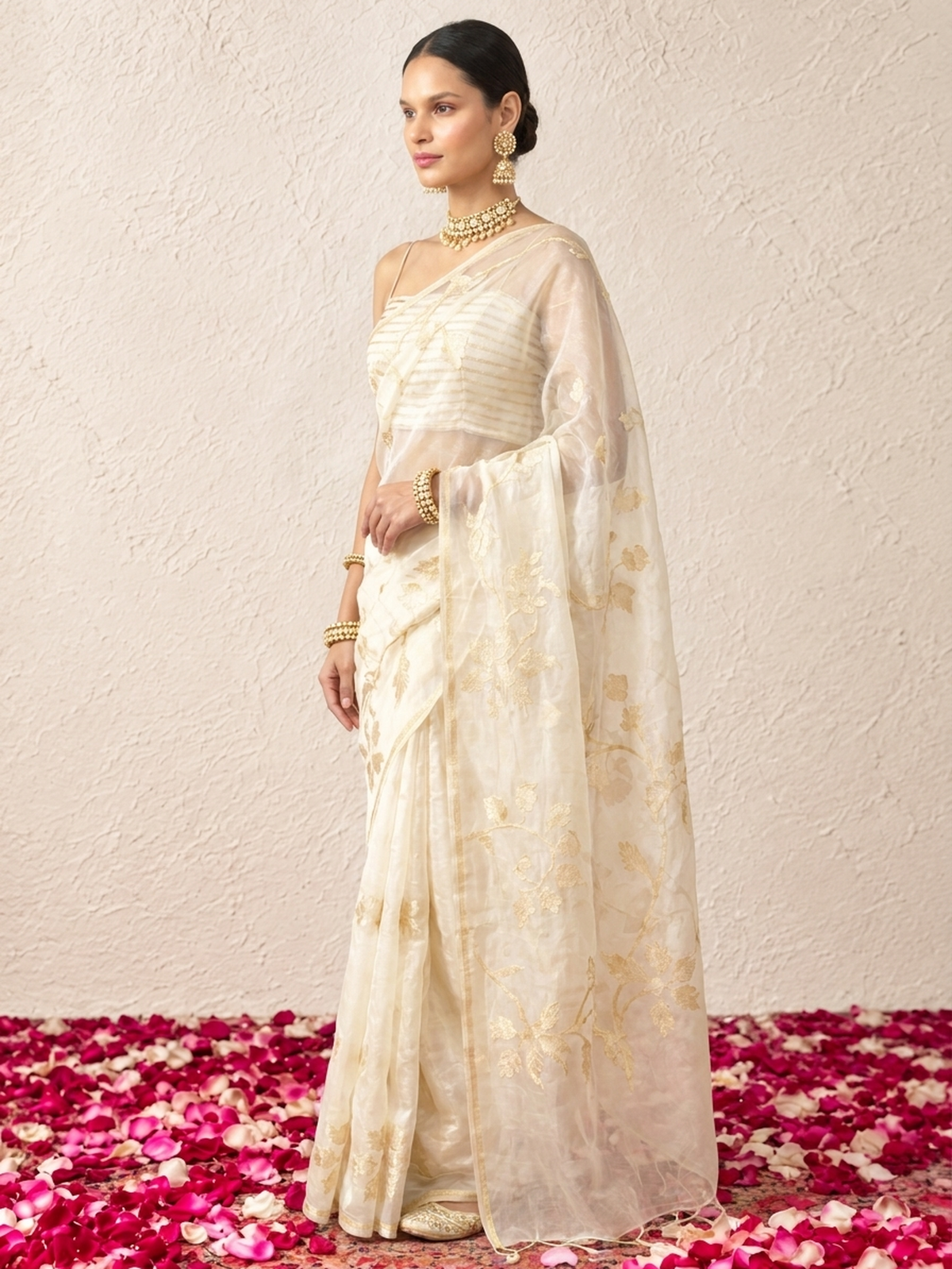 Cream Organza Saree with Zari Buti and Matching Stripe Blouse Fabric