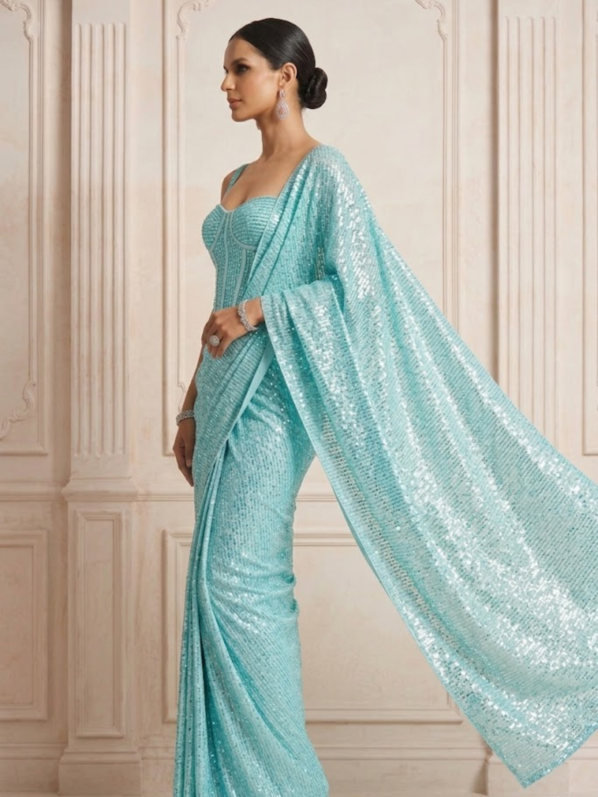 Havana Dreams Blue Knitted Sequin Saree with Blouse Fabric