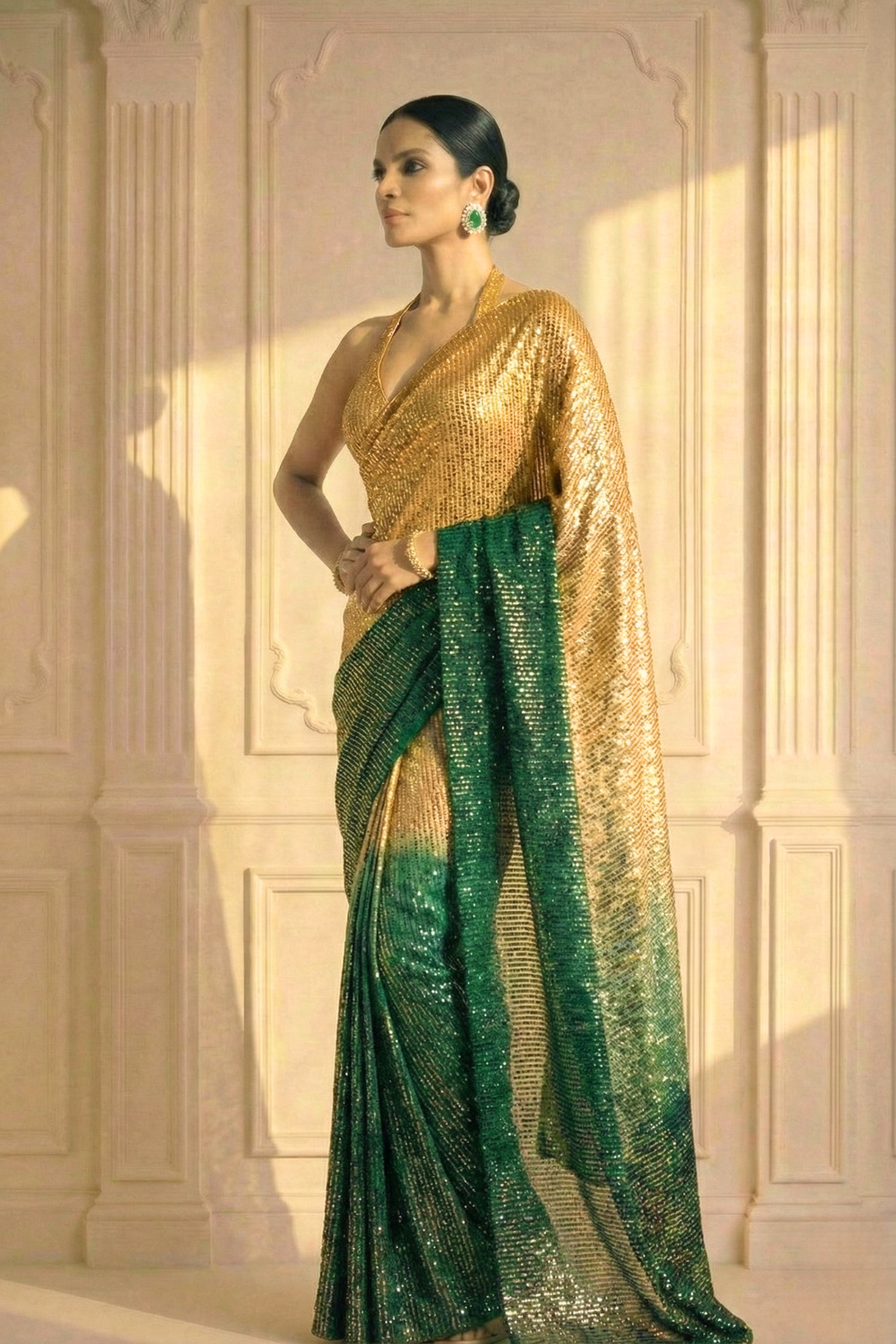 Green and Cream Ombre' Knitted Sequin Saree with Blouse Fabric