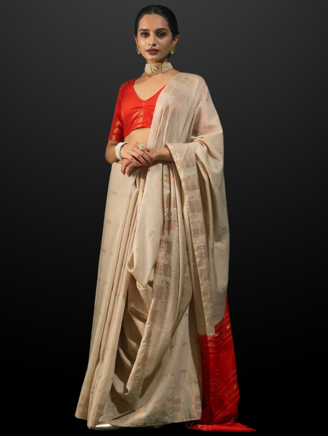 Aruna Cream and Red Soft Silk Blend Bhagalpur Saree with Blouse Fabric