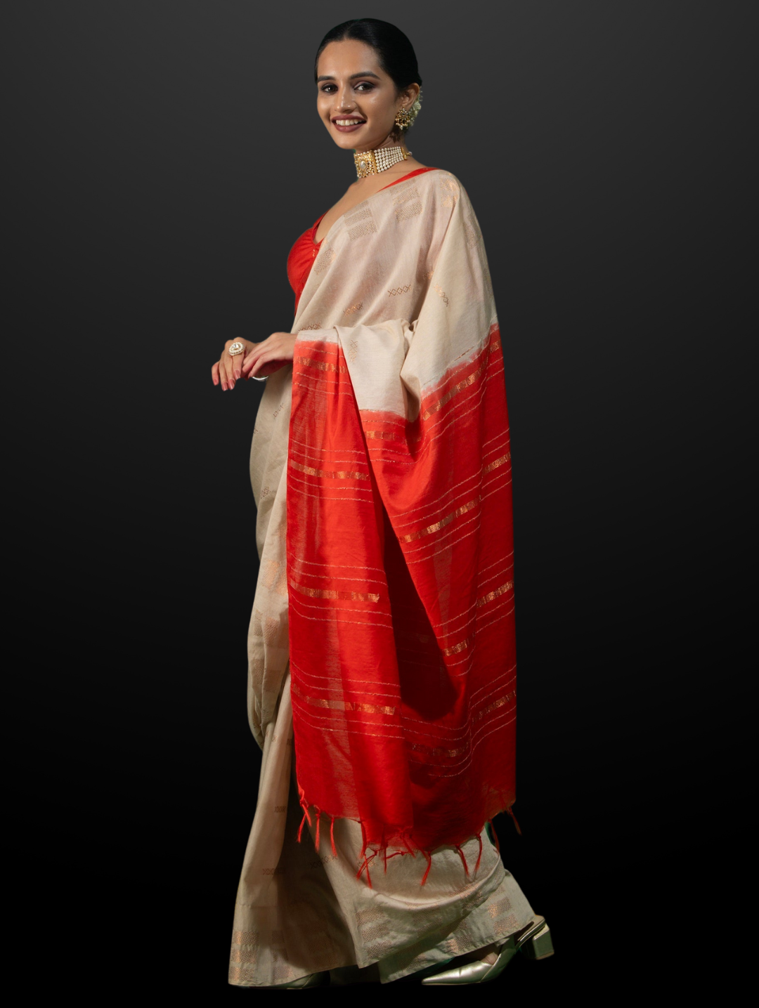Aruna Cream and Red Soft Silk Blend Bhagalpur Saree with Blouse Fabric