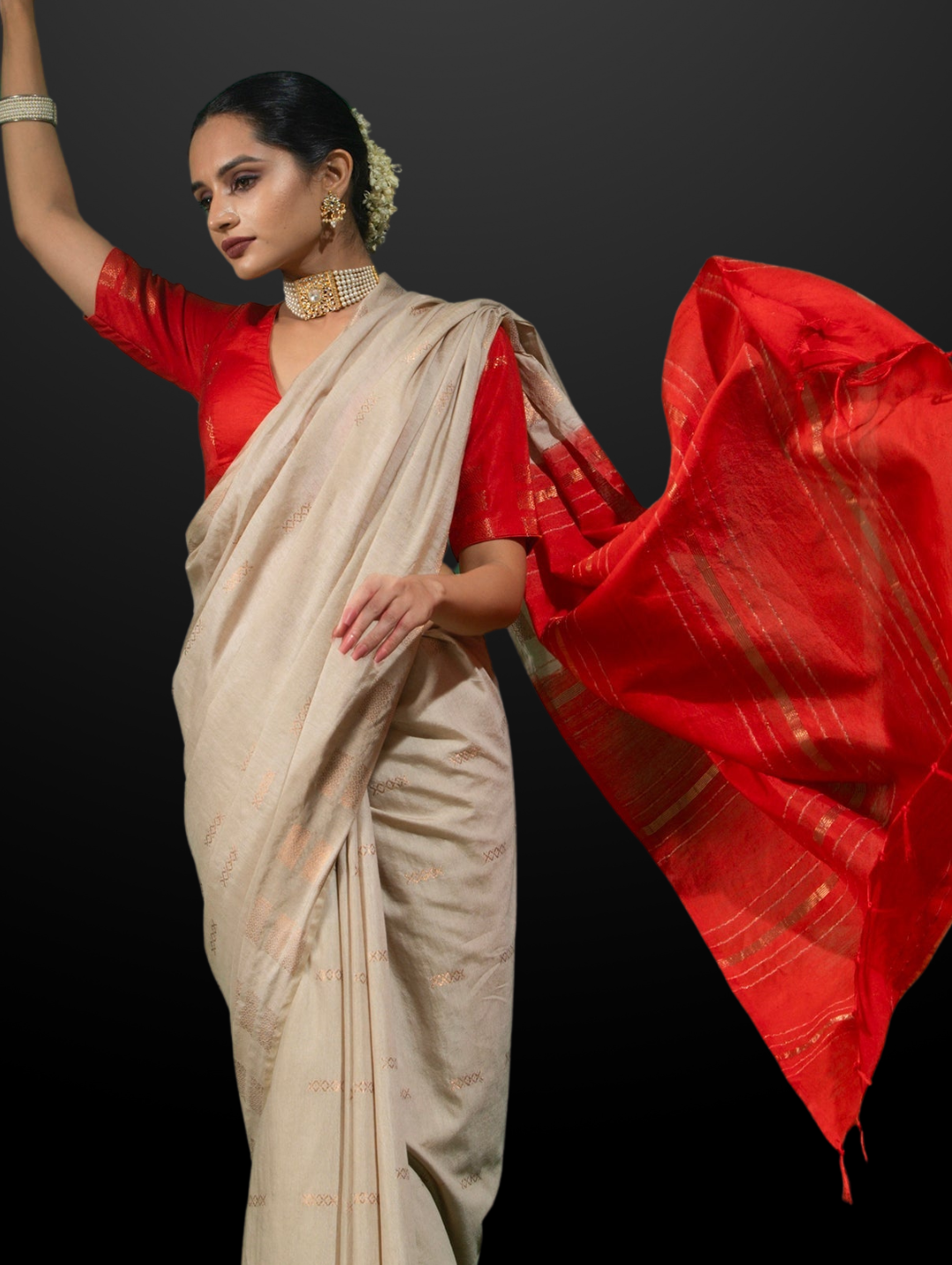 Aruna Cream and Red Soft Silk Blend Bhagalpur Saree with Blouse Fabric