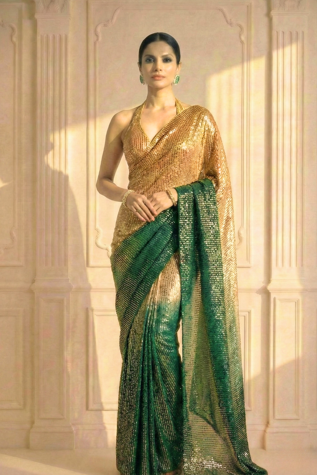 Green and Cream Ombre' Knitted Sequin Saree with Blouse Fabric