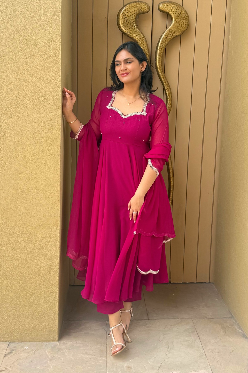 3 pc Suit Set -Rebel Georgette 3/4th Sleeve Anarkali with Embroidery and Dupatta with Pants