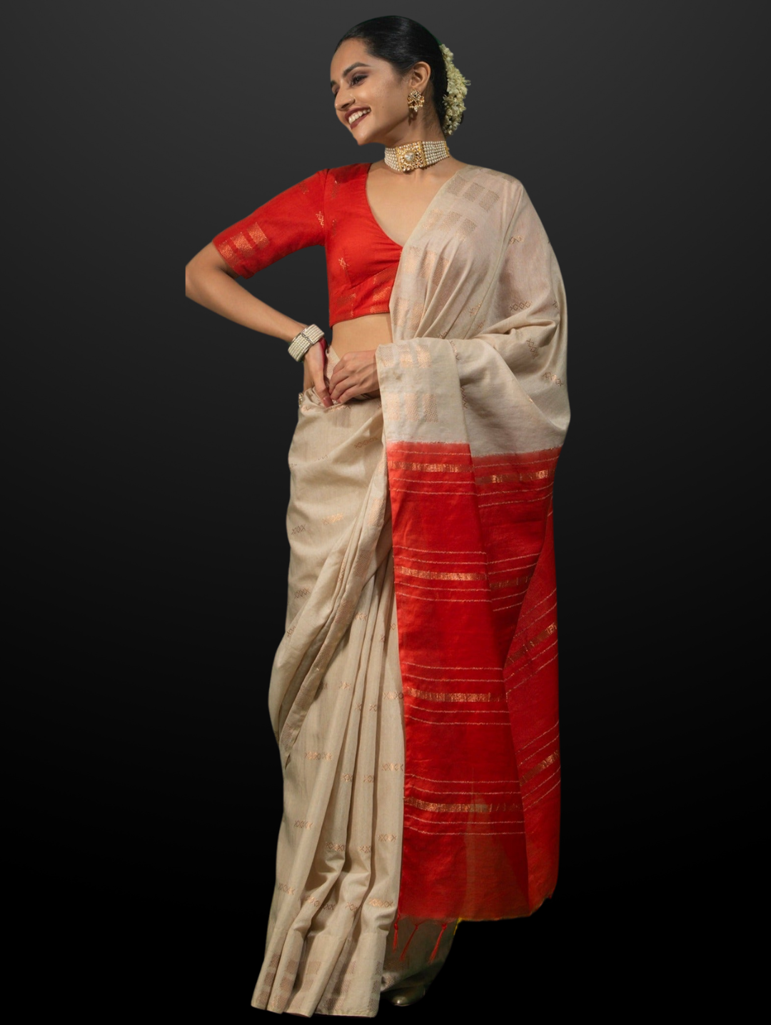 Aruna Cream and Red Soft Silk Blend Bhagalpur Saree with Blouse Fabric