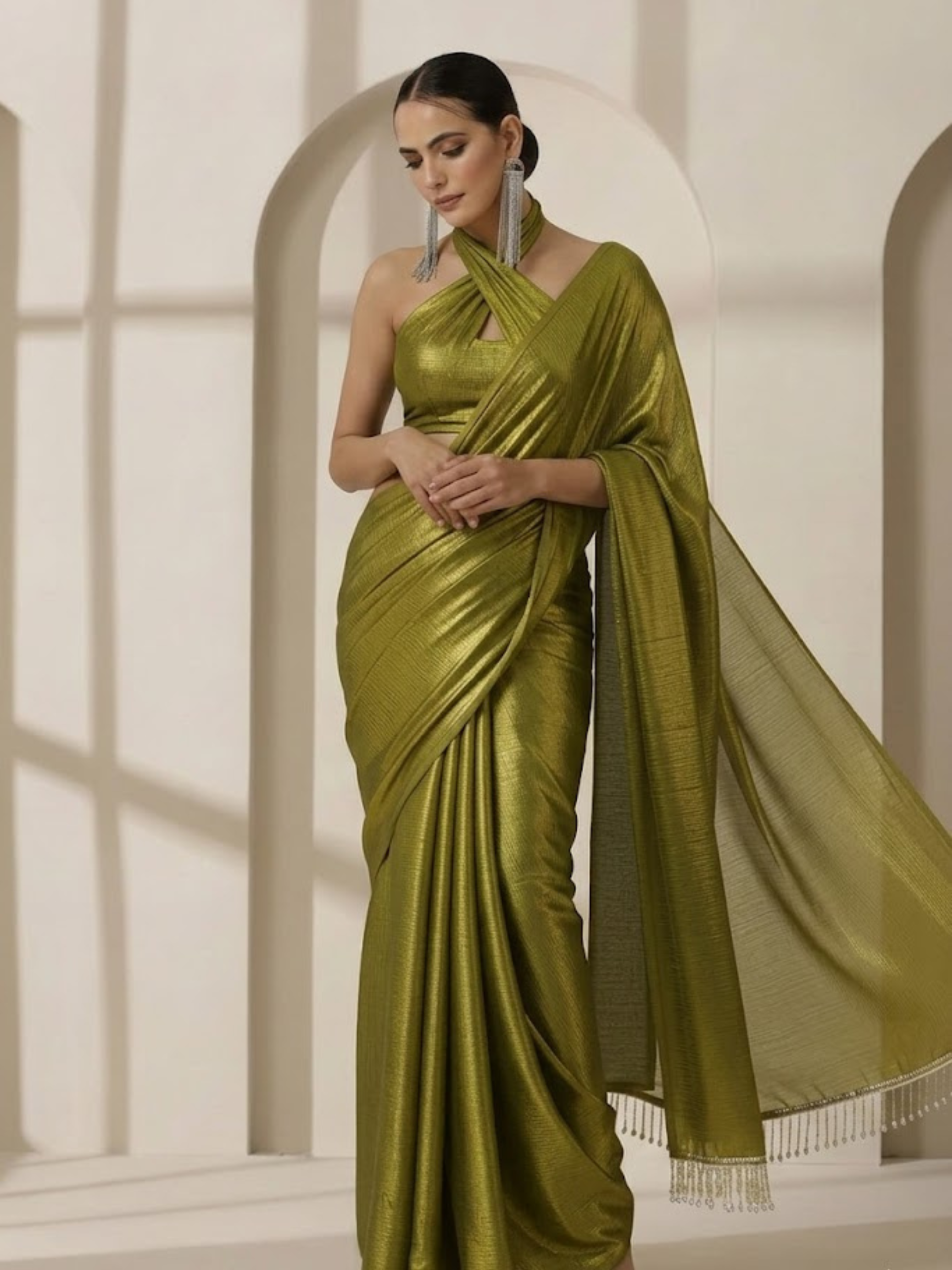Henna Gold Chiffon Saree with Lace with Self Blouse Fabric
