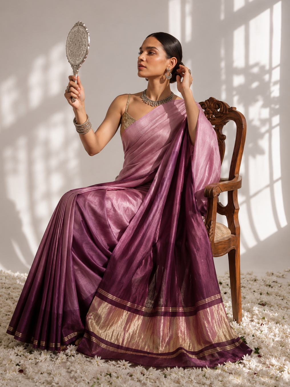 Rosy Mauve Ombre Modal Gajji Saree with Zari Pallu and Self Blouse Fabric