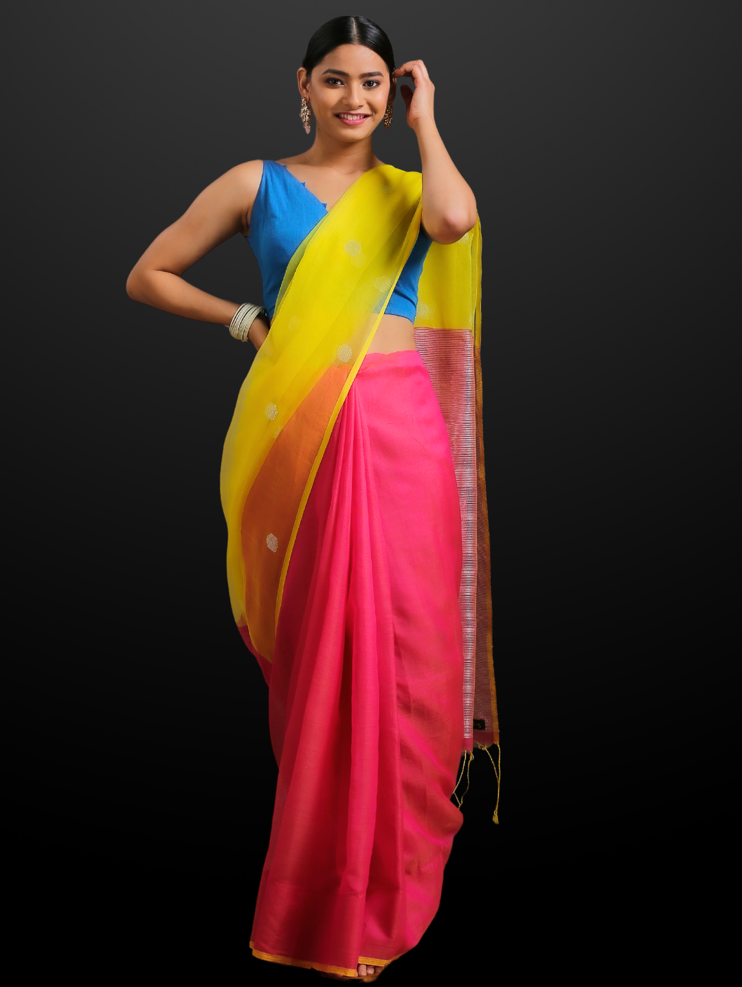 Pink & Yellow Chanderi Saree with Blouse Fabric