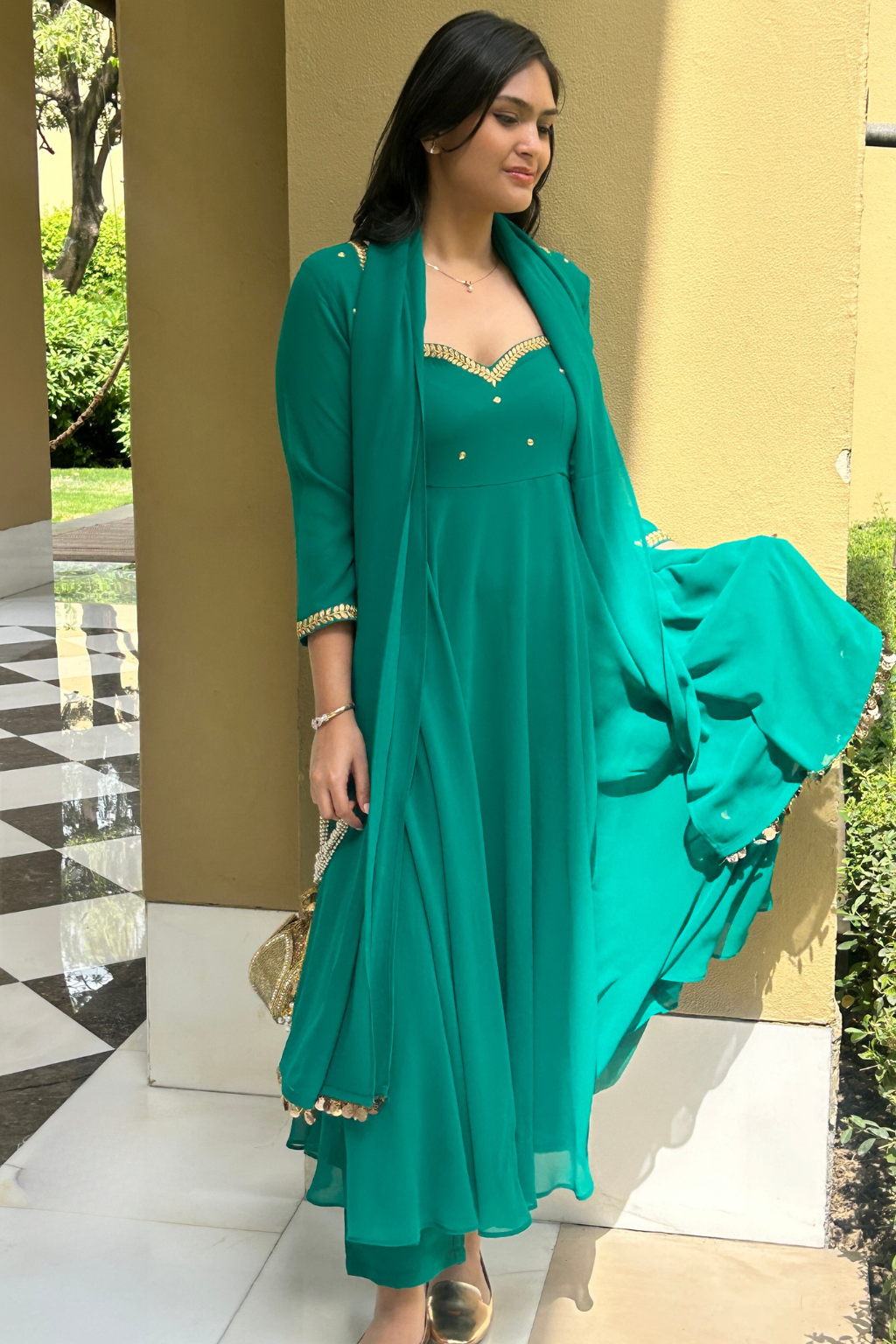 3 pc Suit Set - Terribily Nice Green Georgette 3/4th Sleeve Anarkali with Gold Embroidery and Dupatta with Pants