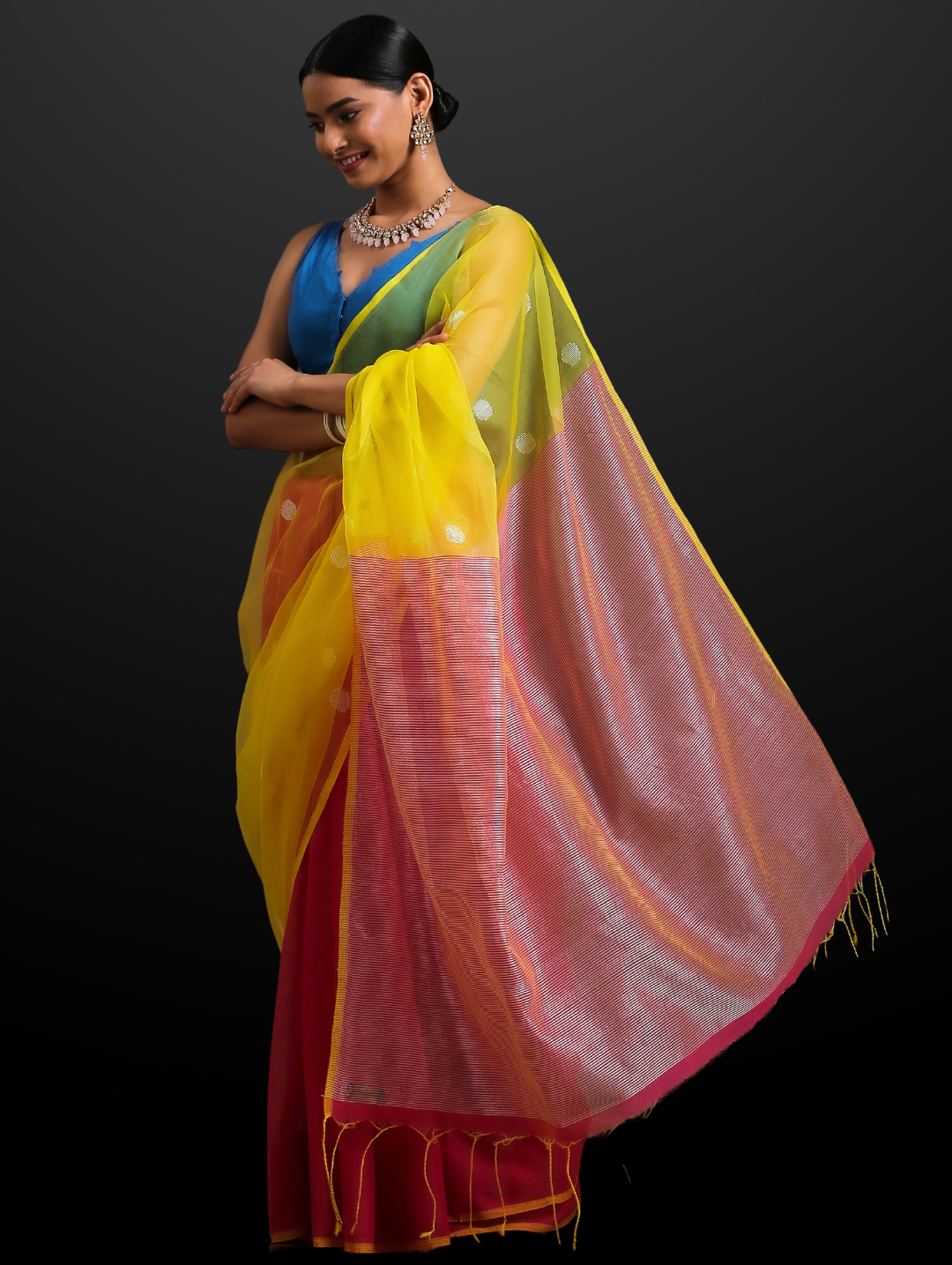 Pink & Yellow Chanderi Saree with Blouse Fabric