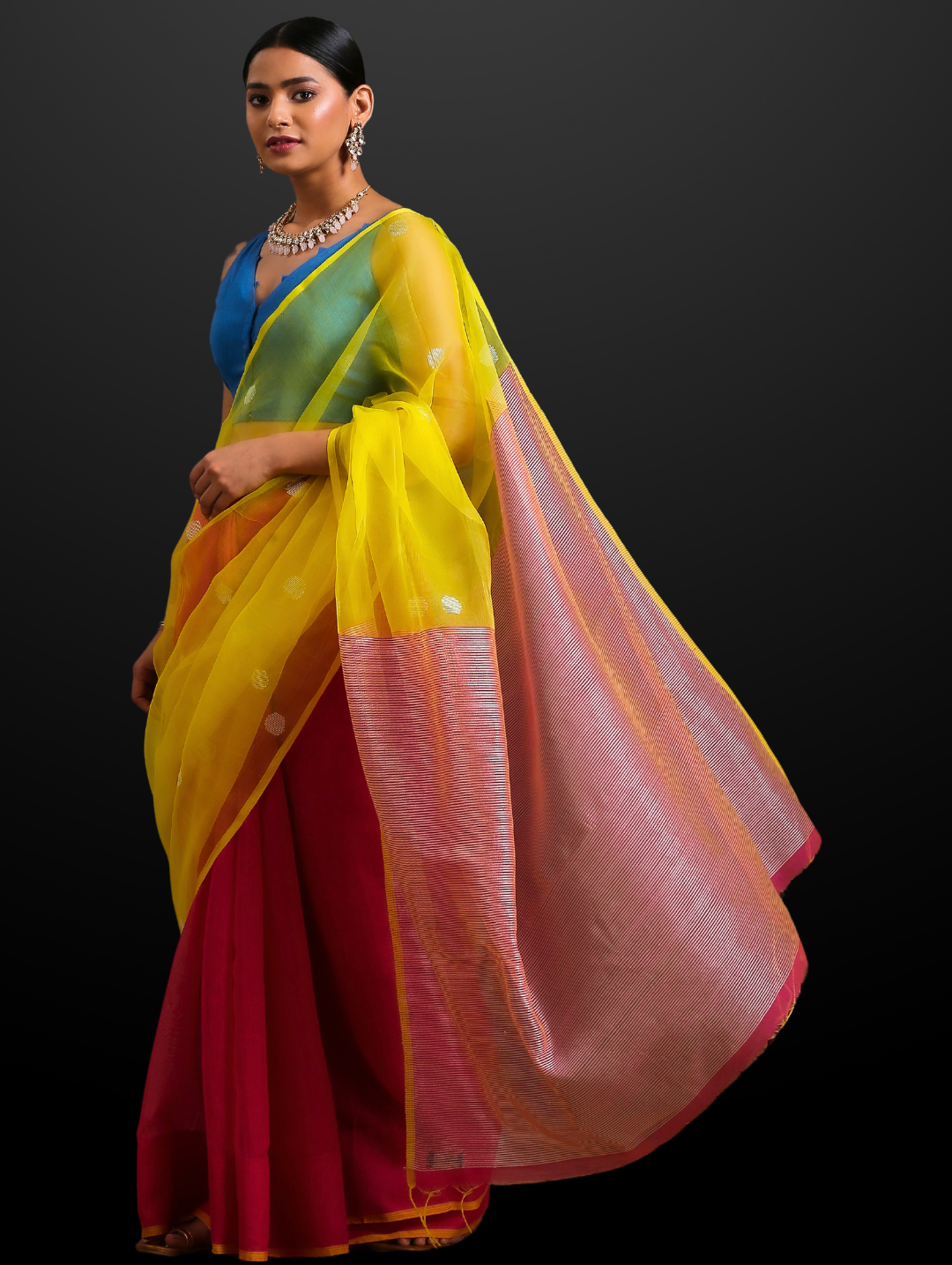 Pink & Yellow Chanderi Saree with Blouse Fabric