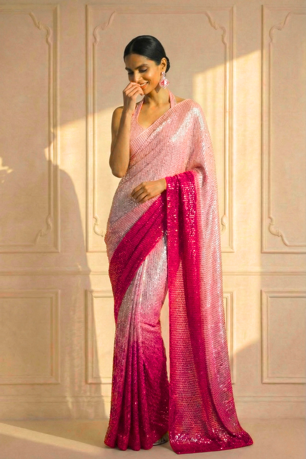 Barbie Pink Ombre' Knitted Sequin Saree with Blouse Fabric