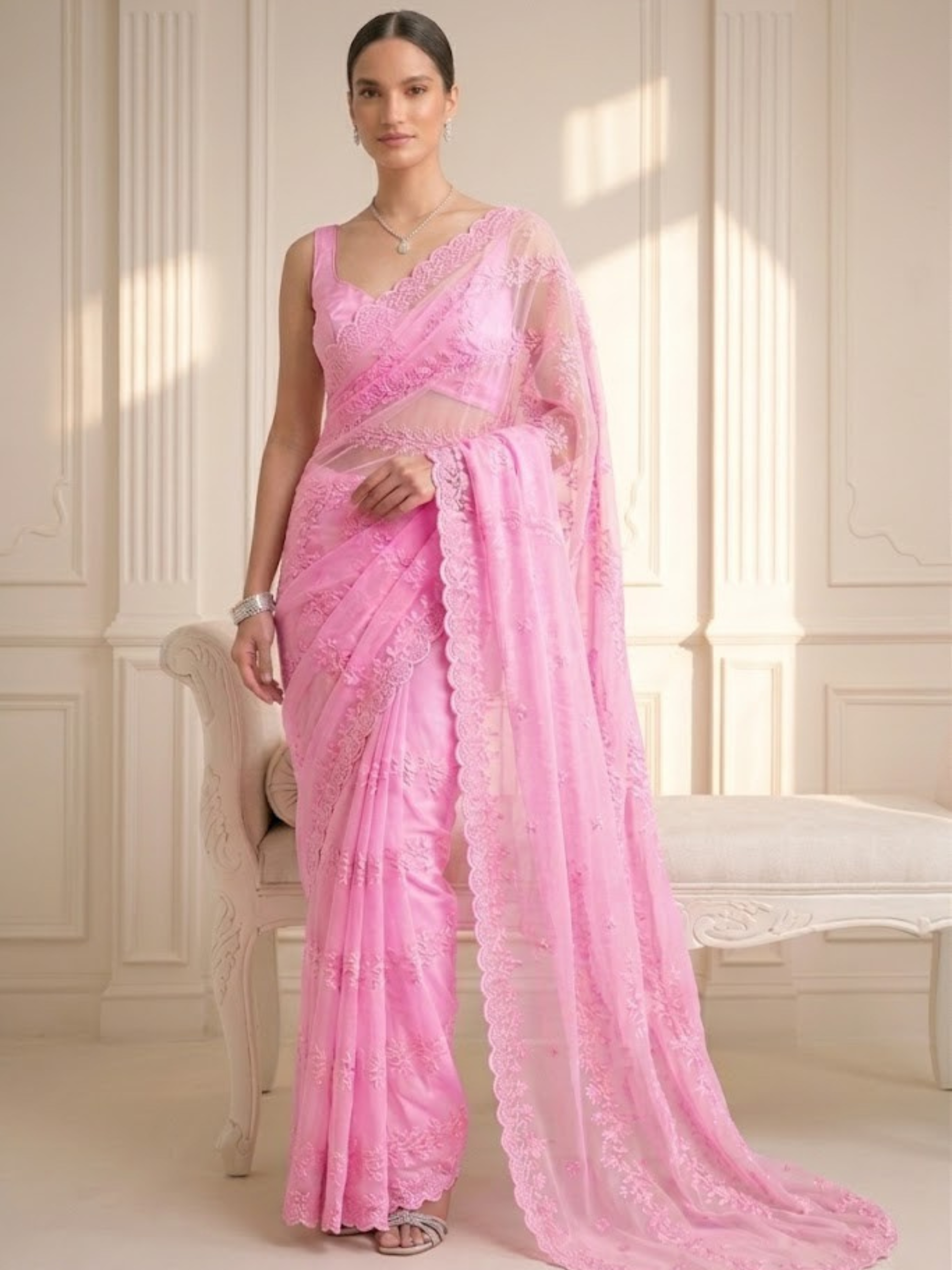 Blush Pink Stripe Lace Saree with Sequin and Blouse Fabric