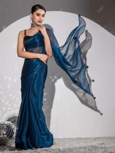 Peacock Shimmer Chiffon Saree With pendants and Blouse Fabric