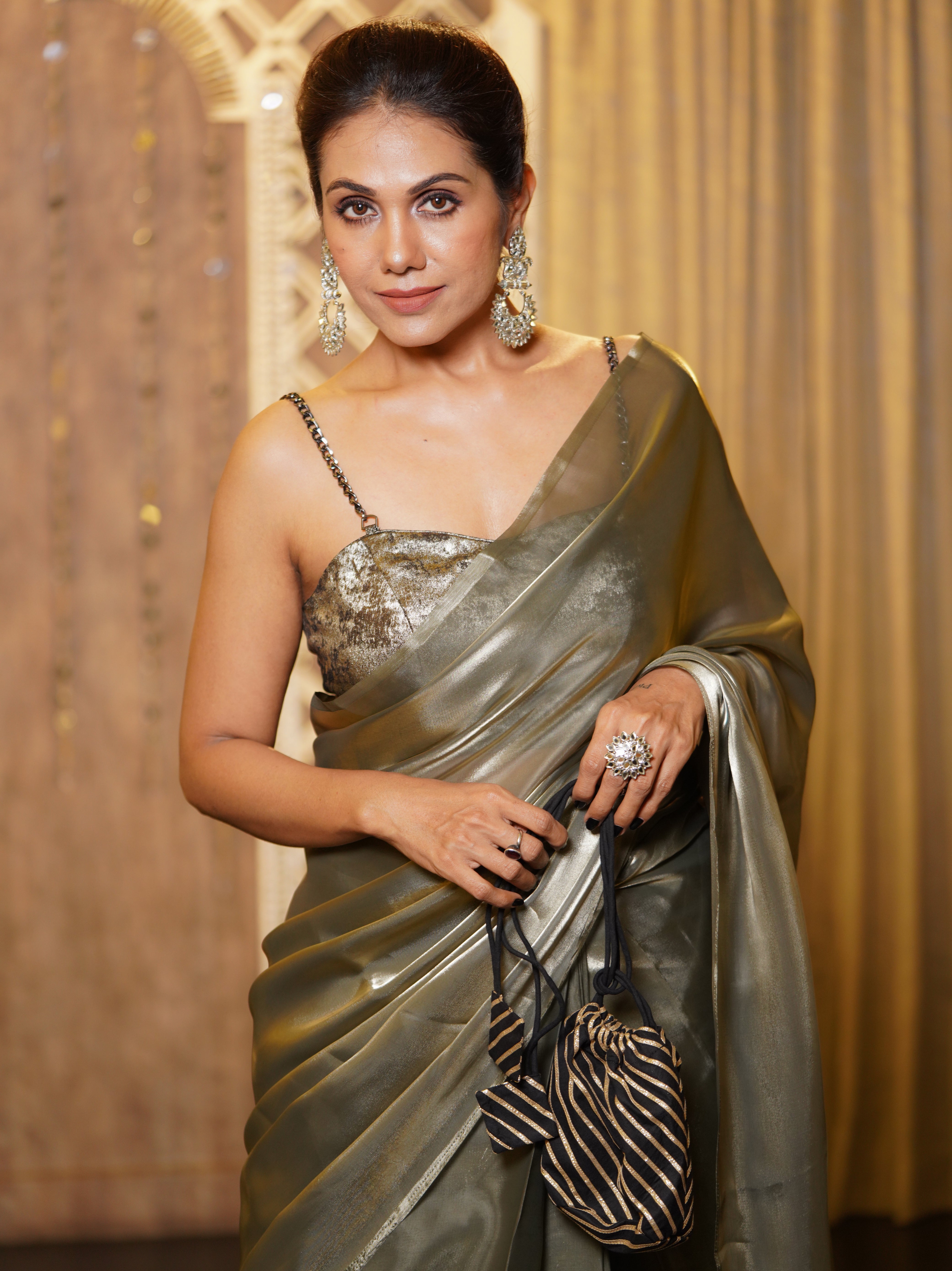 Pre-Draped 1-Minute Liquid Gold Organza Saree with Big Diamonds and Blouse Fabric