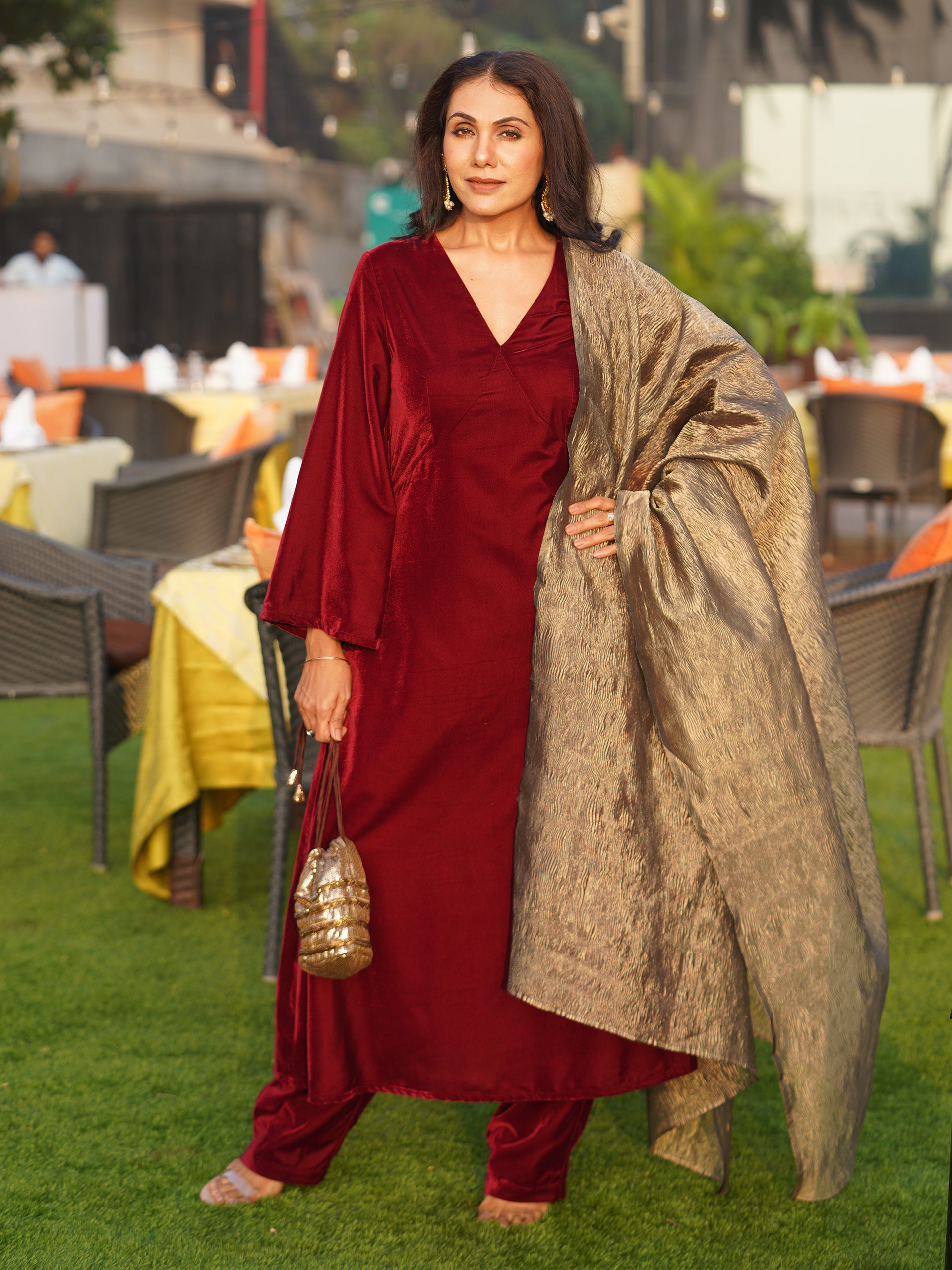 Women's Maroon Velvet Kurta with Pant and Crushed Tissue Dupatta 3 Piece Set | Straight Fit, V Neck, Full Sleeves, Pants, Festive Wear, (Velvet)