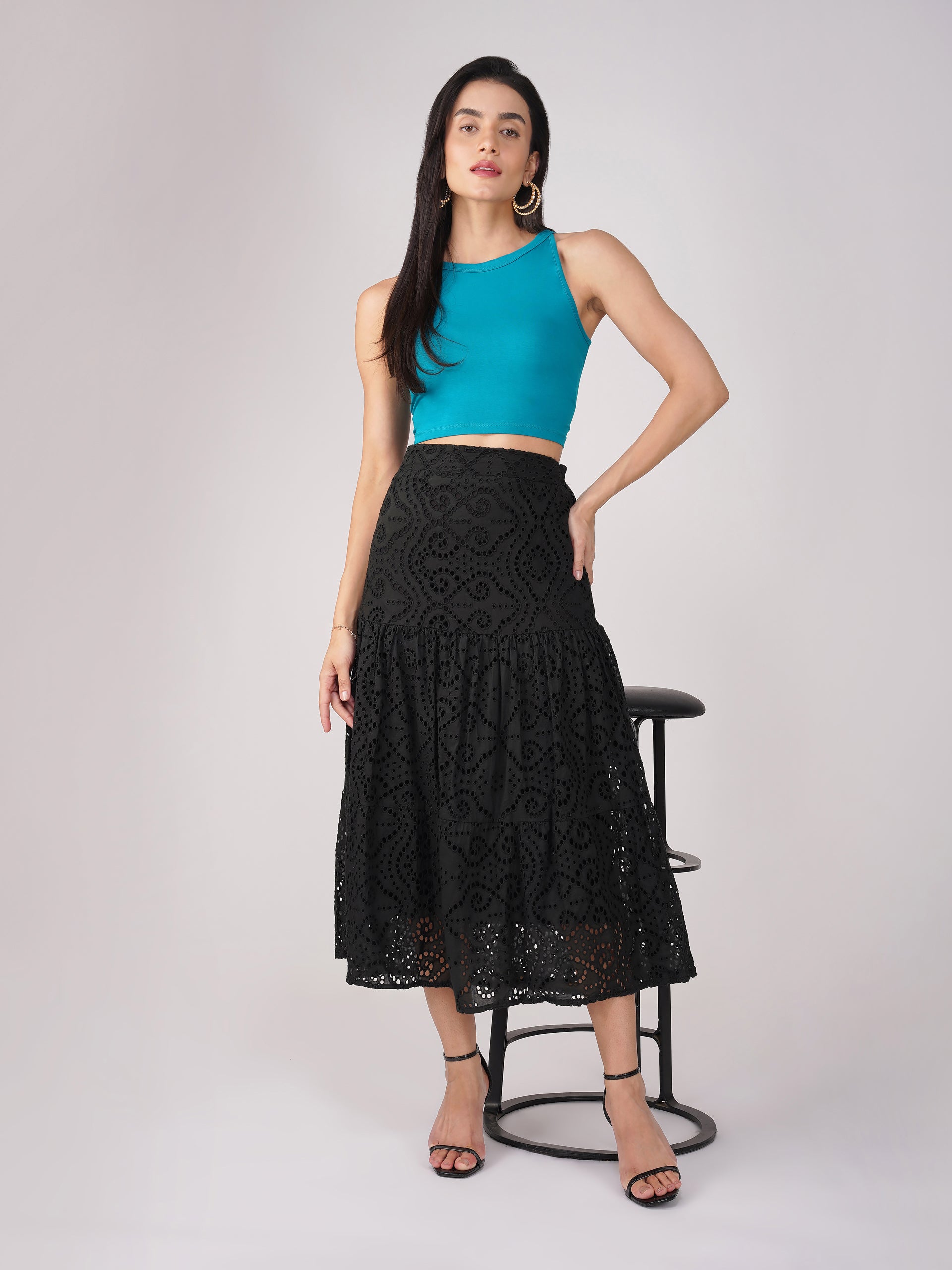 Women's Stretchy Knitted Halter Neck Turquoise Crop Top