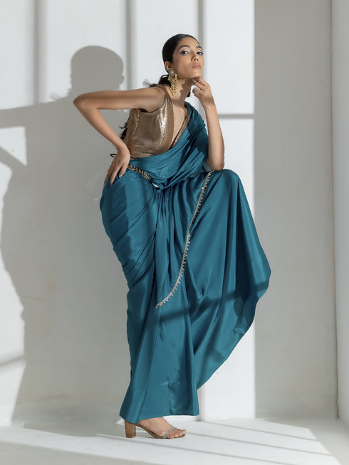 Blue Beauty Crepe Saree with Diamond lace and Self Blouse fabric