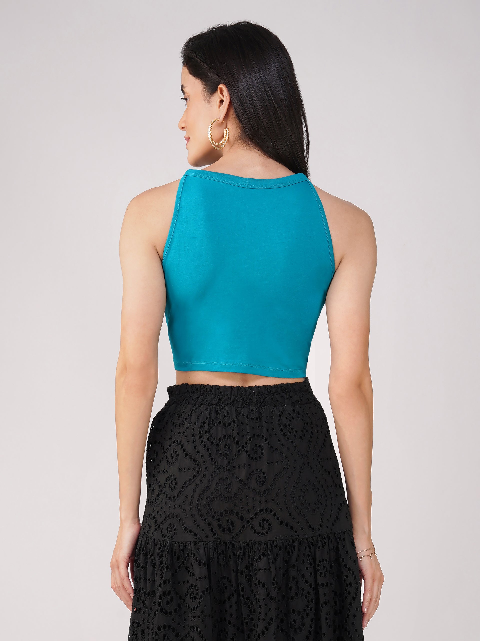 Women's Stretchy Knitted Halter Neck Turquoise Crop Top