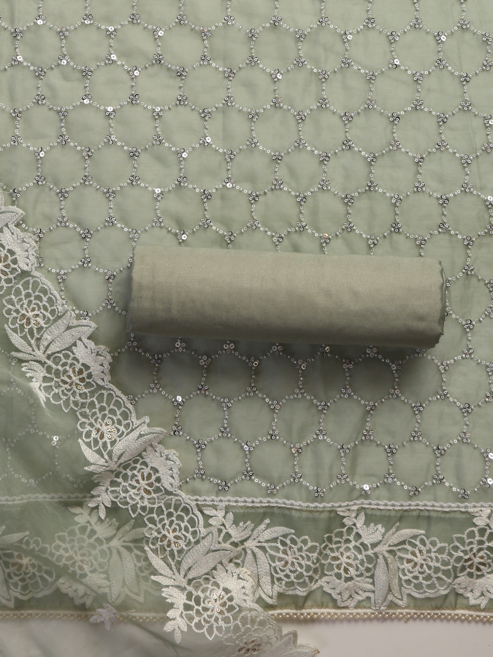 3 Pc Unstitched Suit SET - Grey Beaded and Embroidered Organza Kurta and Border Dupatta with Cotton Pyjama