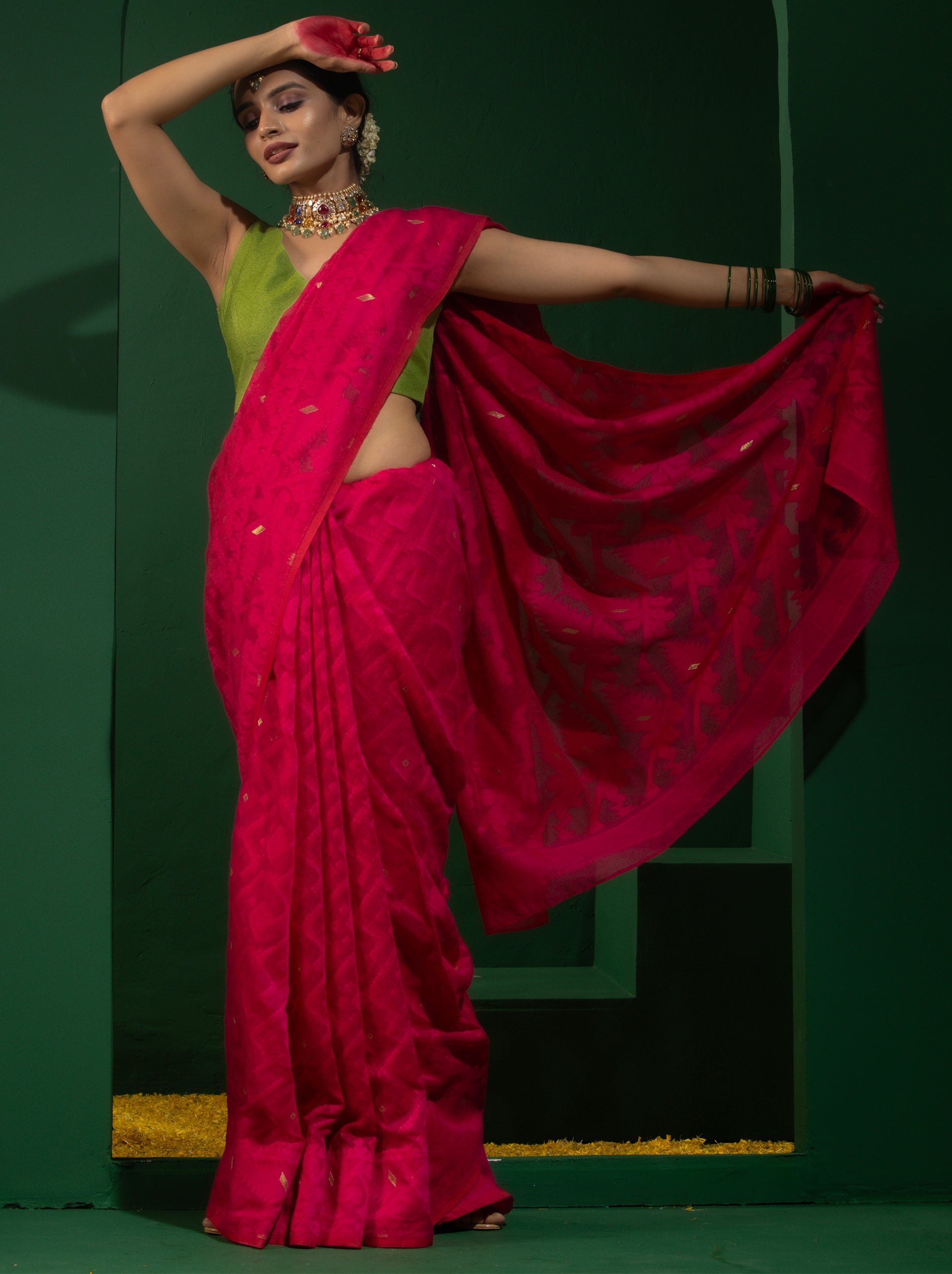 Authentic Aishwarya Pink Jamdani Cotton Saree