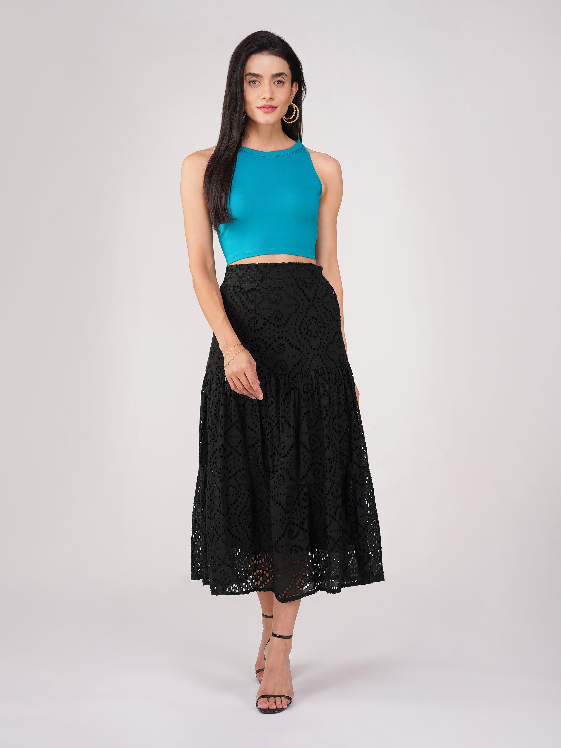Women's Stretchy Knitted Halter Neck Turquoise Crop Top