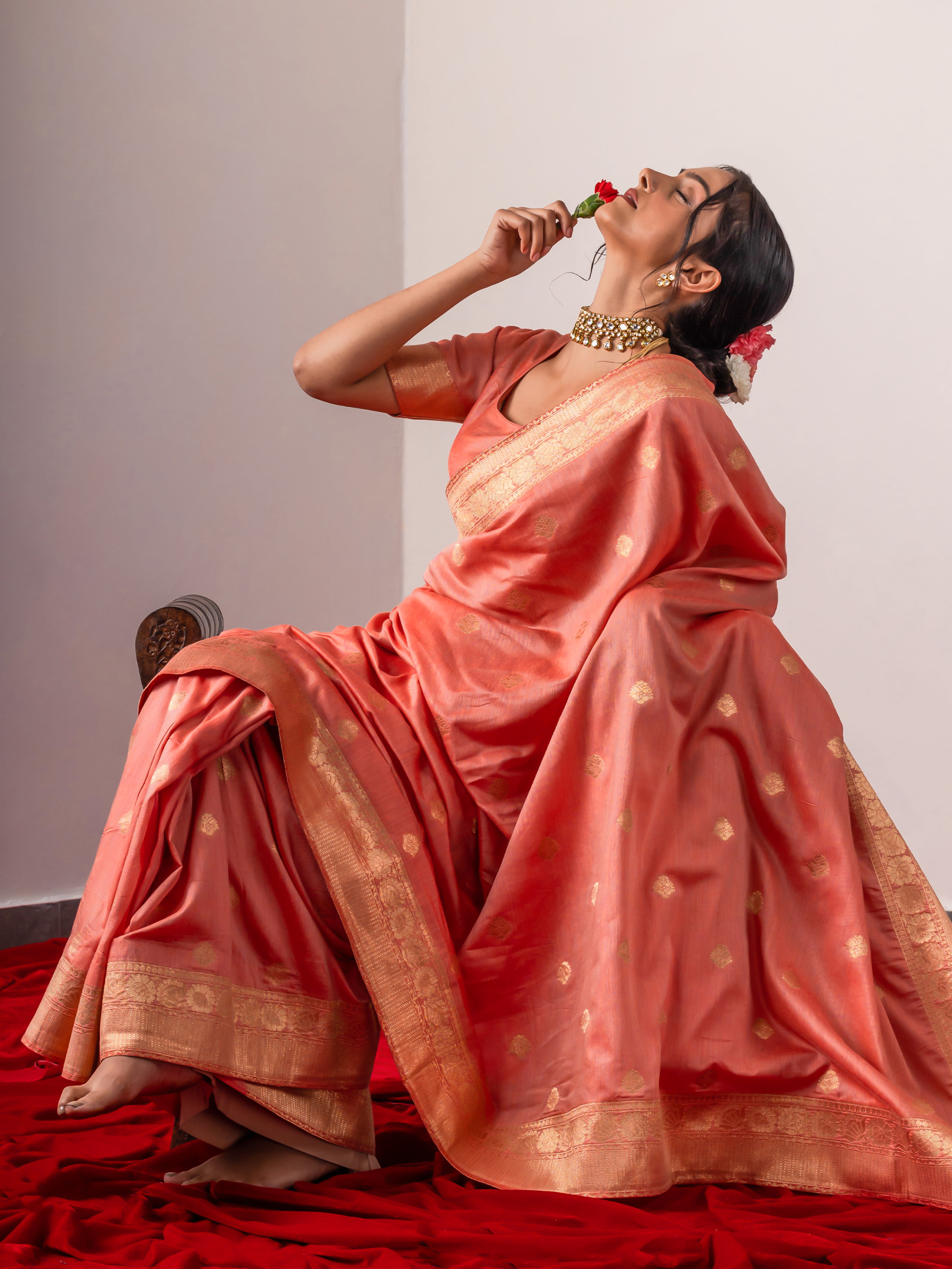 Koyal Pink & Gold Soft Silk Saree with Blouse Fabric