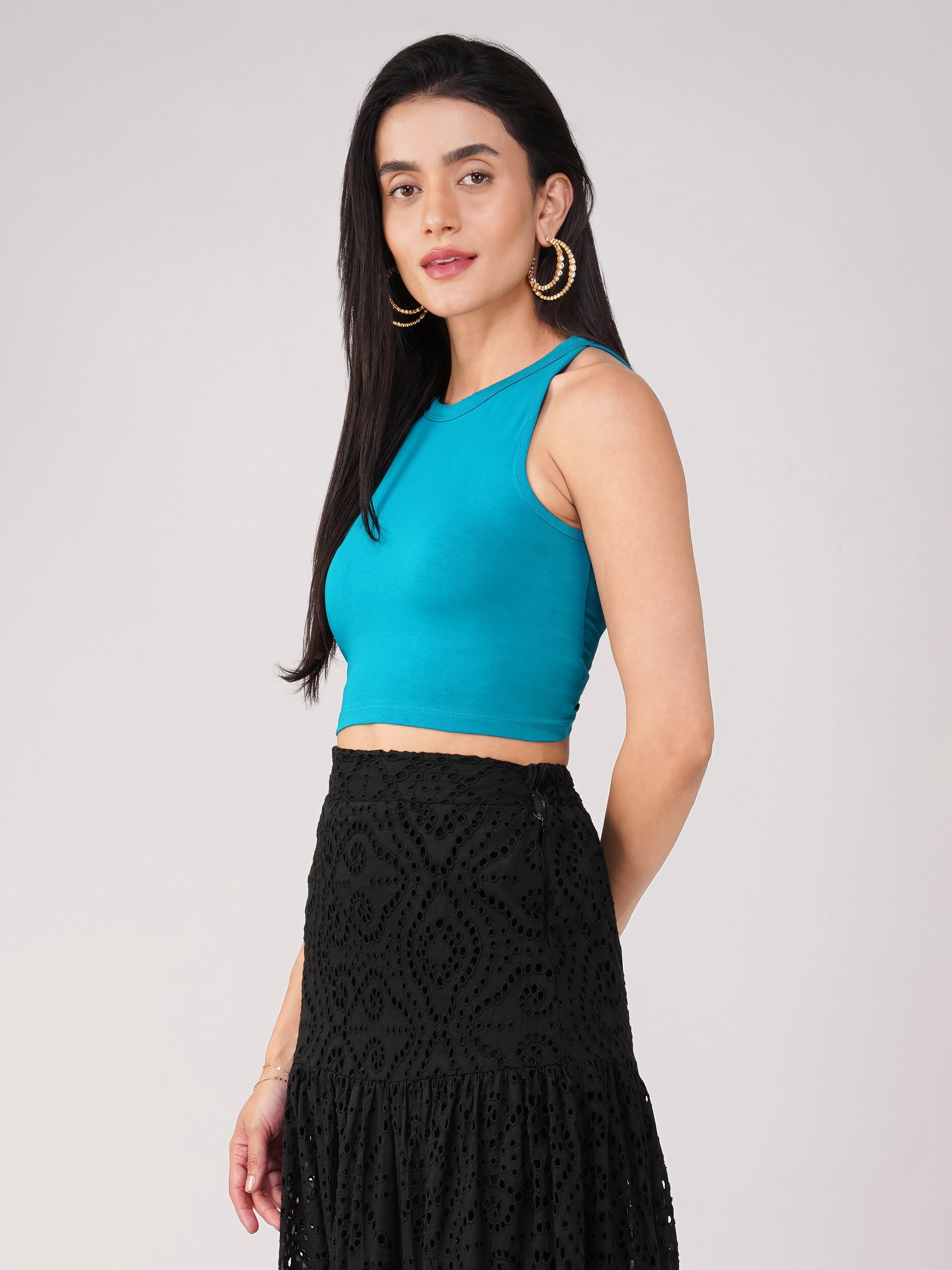 Women's Stretchy Knitted Halter Neck Turquoise Crop Top
