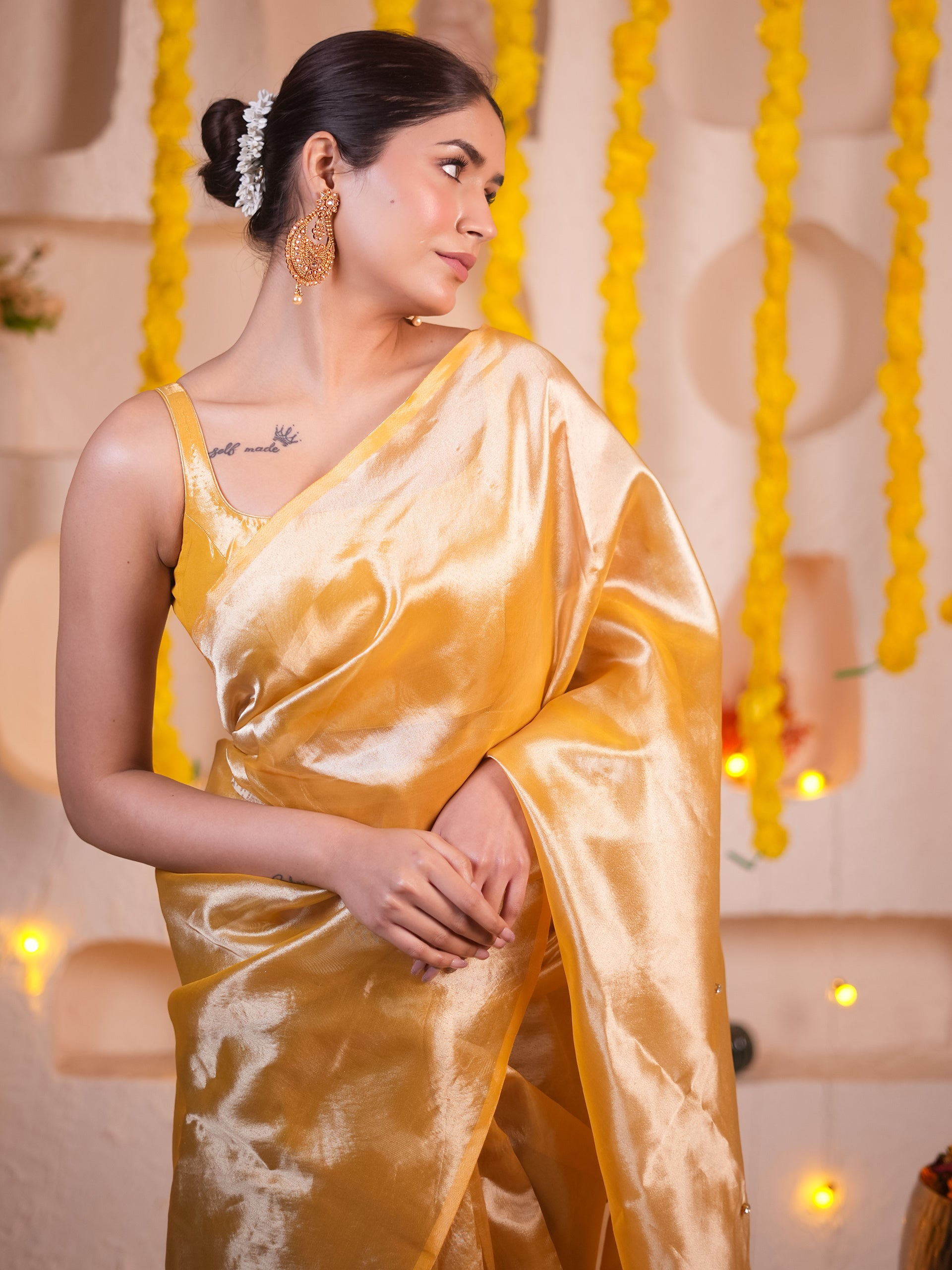 Banarasi Haldi Tissue Saree With Beads And Blouse Fabric