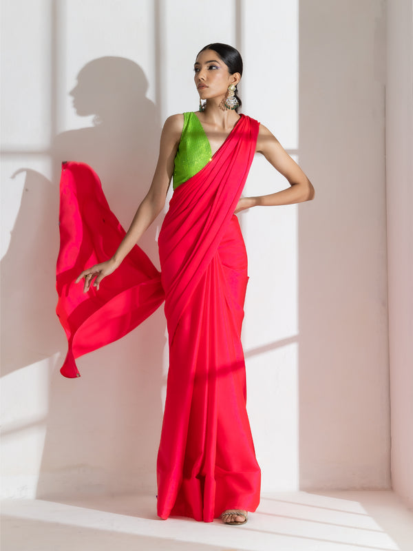 Hot Pink Satin Saree with Rainbow Beads and Green Sequin Blouse Fabric