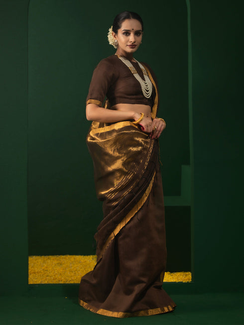 Coffee and Bronze Cotton Silk Saree with Blouse Fabric