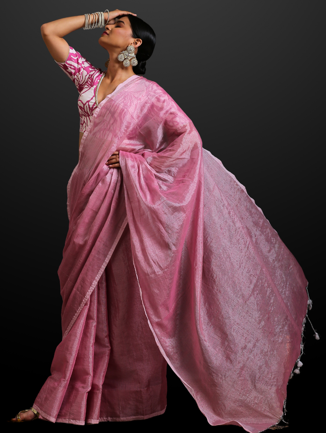 Flamingo Pink Silver Cotton Linen Saree