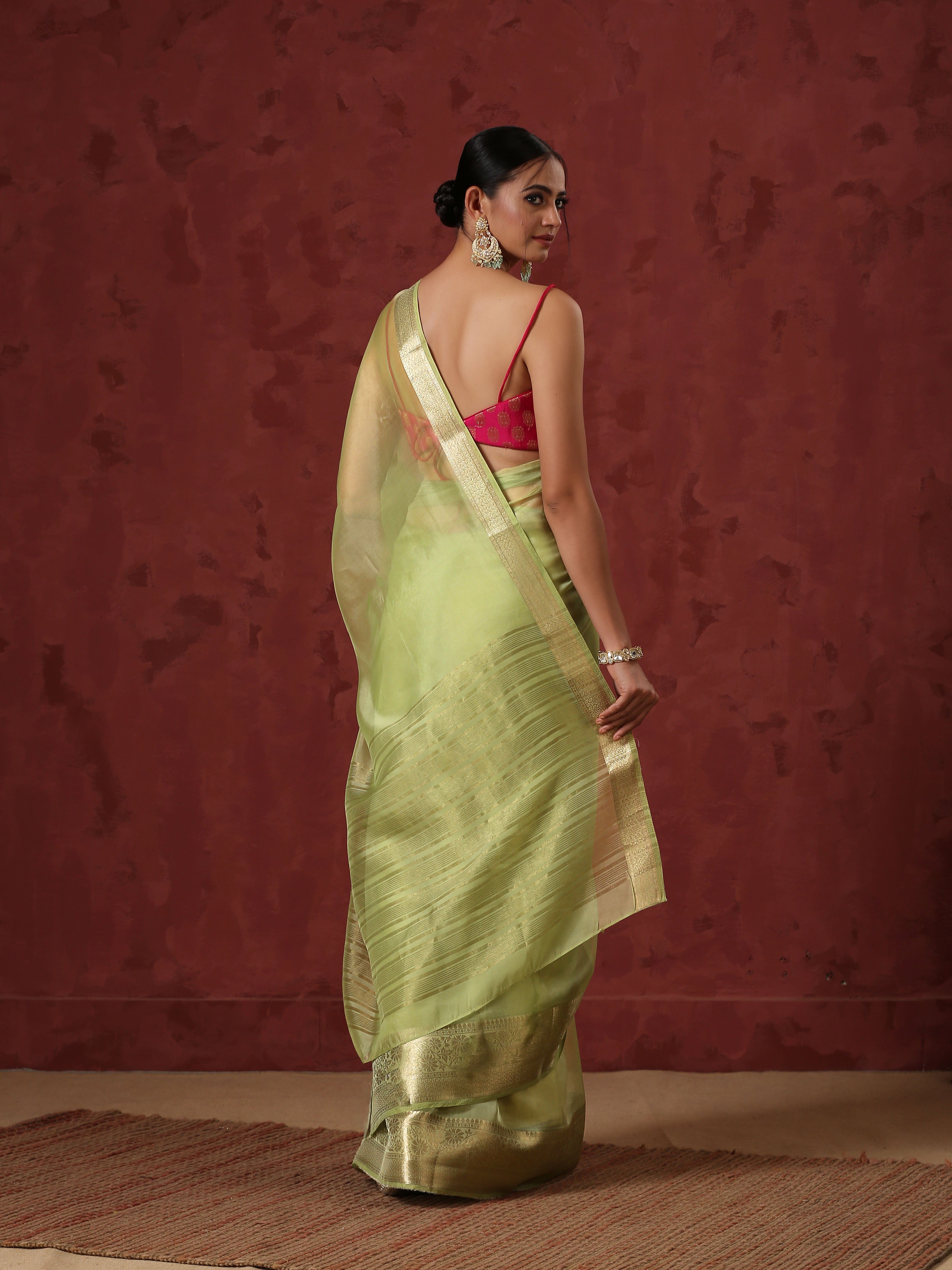 Mehendi Organza Saree with Border