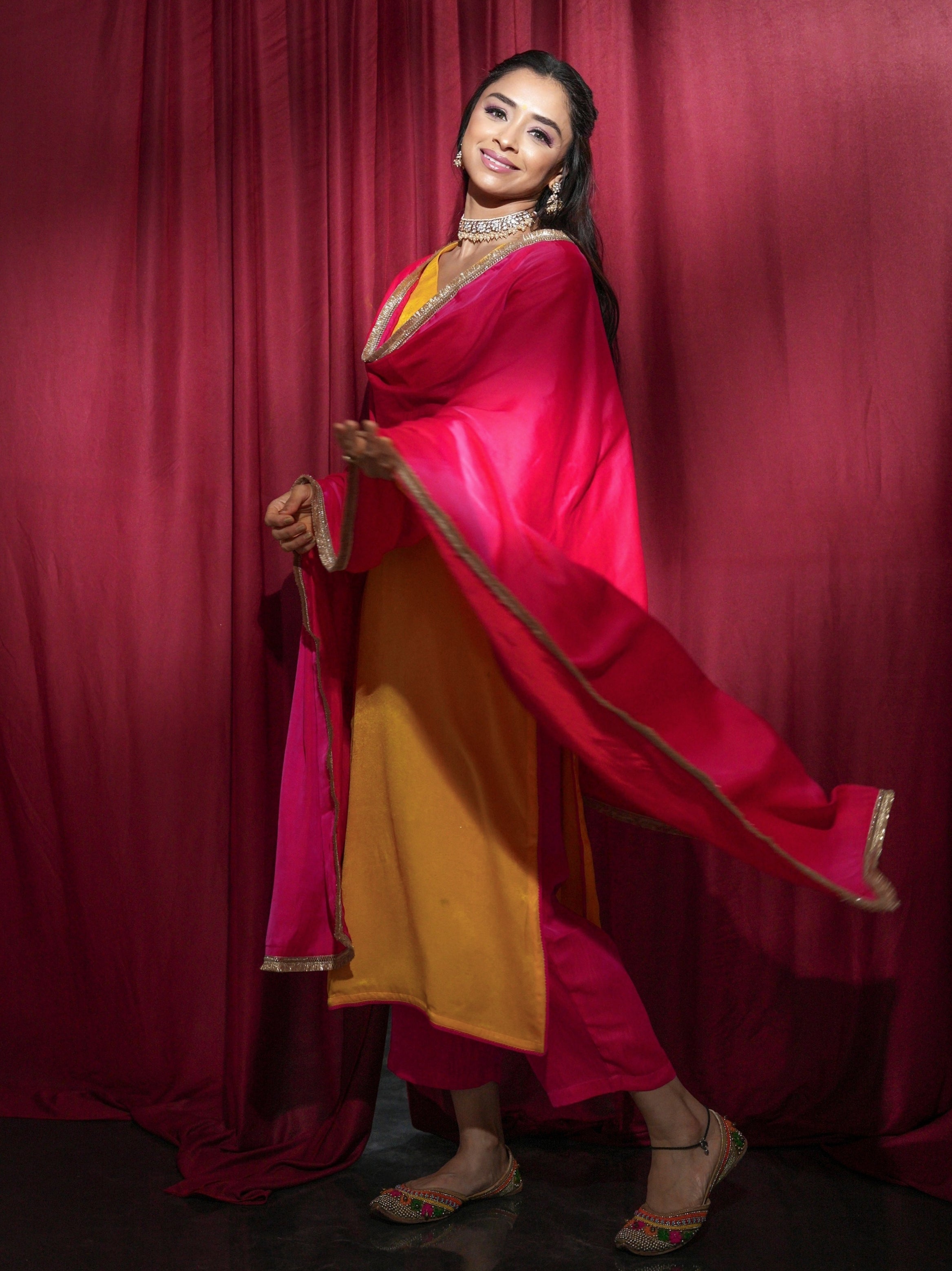 Women's Sunflower Yellow Posh Kurta with Dual Colour Satin Pant and Lace Dupatta 3 Piece Set | A-Line, V Neck, Full Sleeves, Pants, Festive Wear, (Satin)