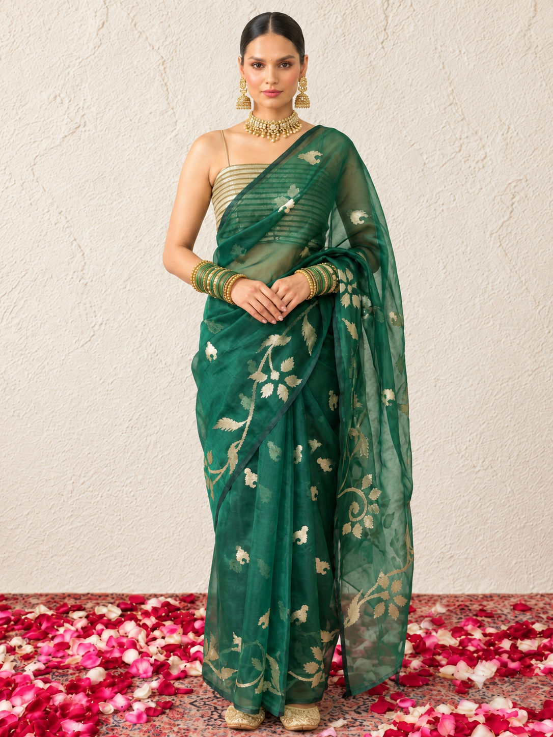 Green Organza Saree with Zari Buti and Matching Stripe Blouse Fabric