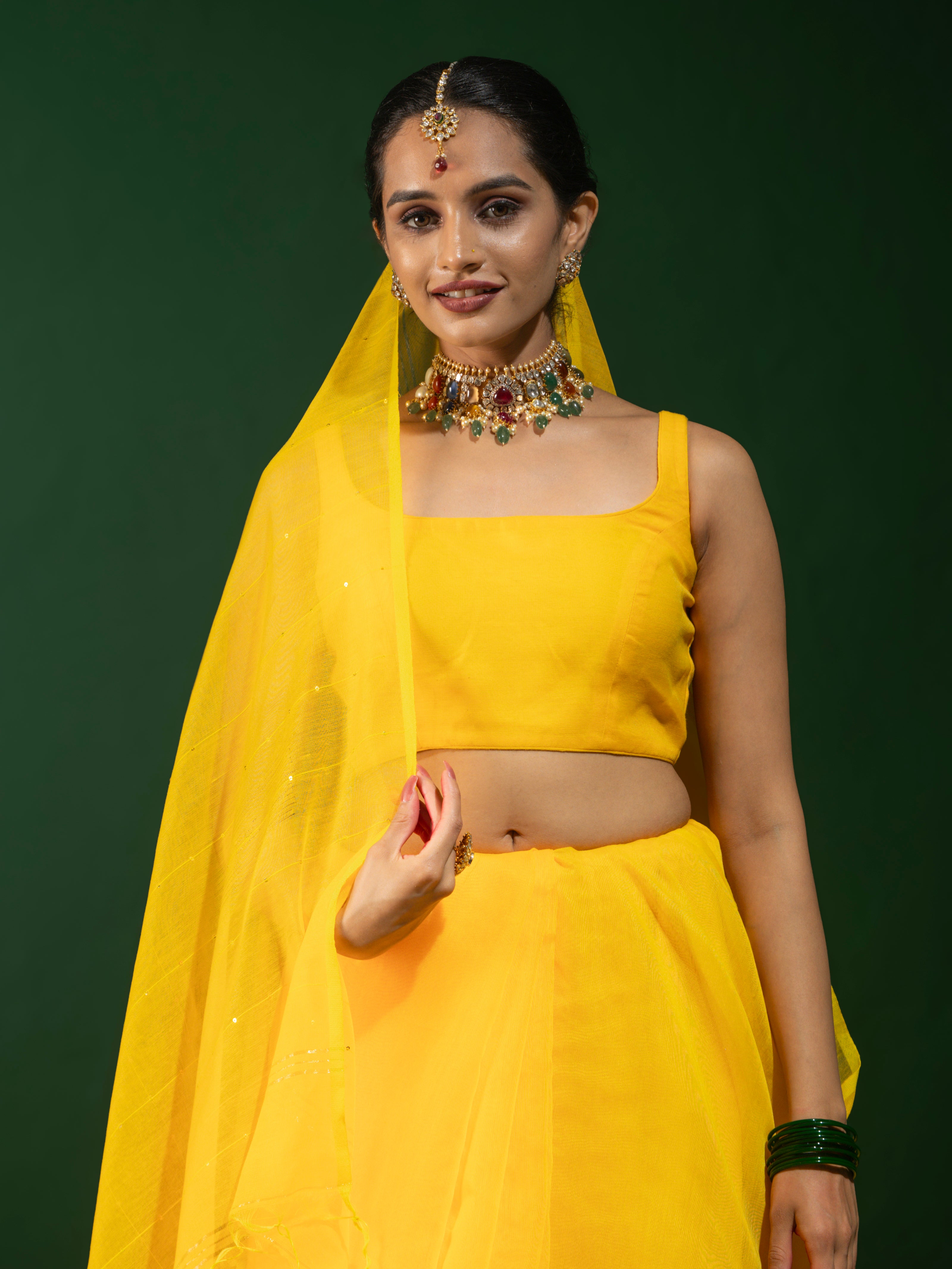 Yellow Sequin Cotton Saree With Blouse Fabric