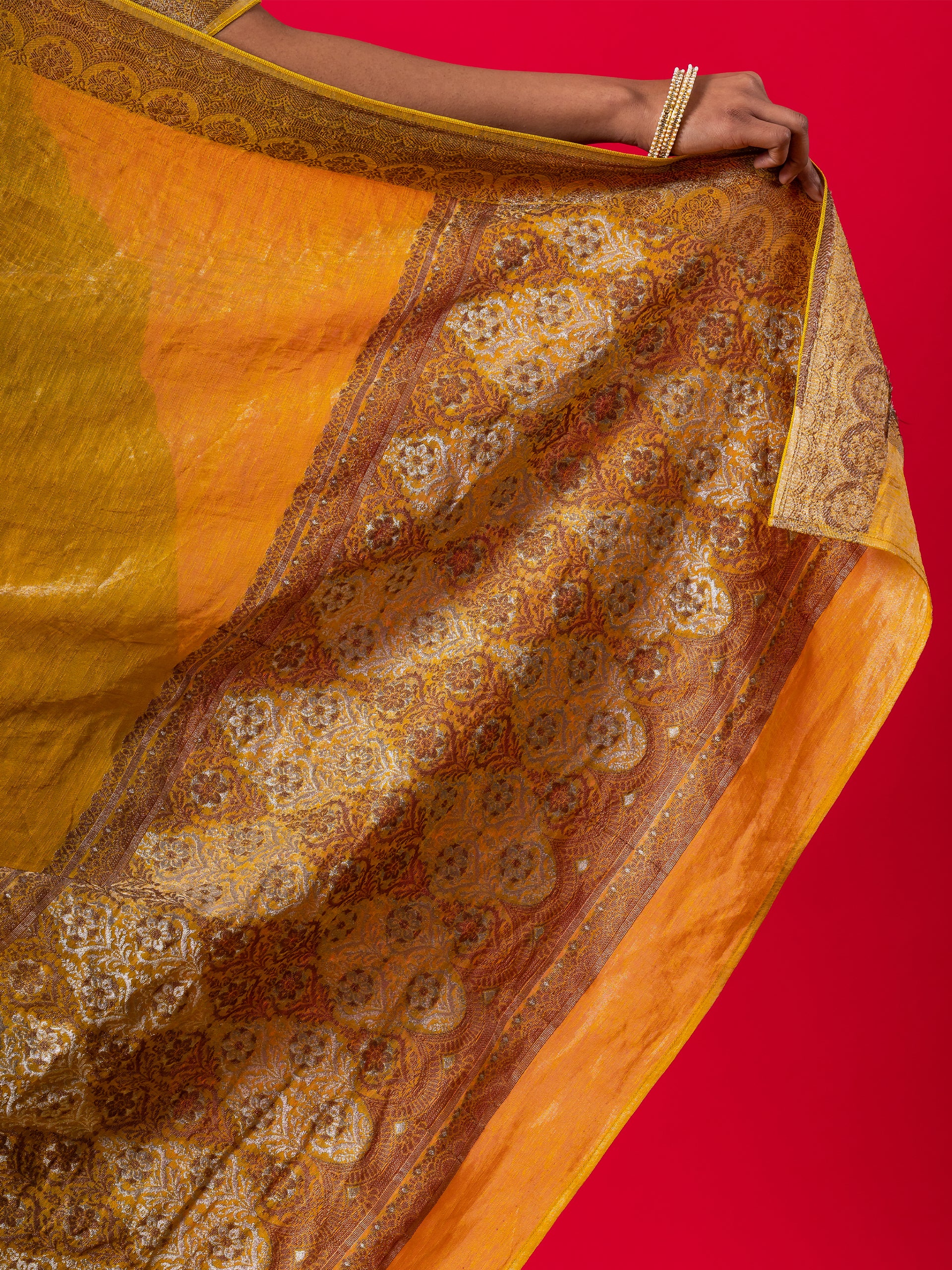 Mustard Brown Gold Shine Soft Saree with Blouse Fabric