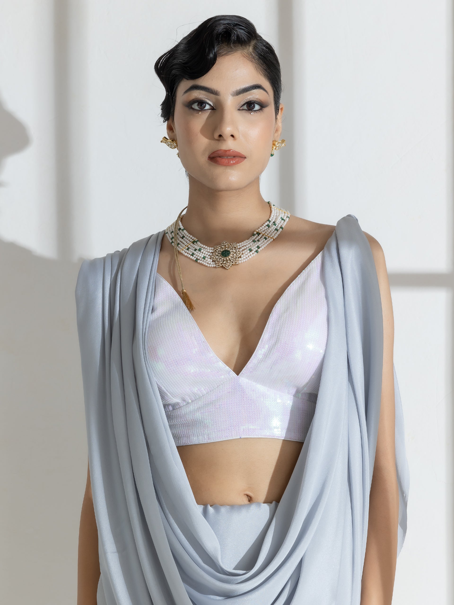 Quartz Grey Crepe Saree with beads and self Blouse fabric