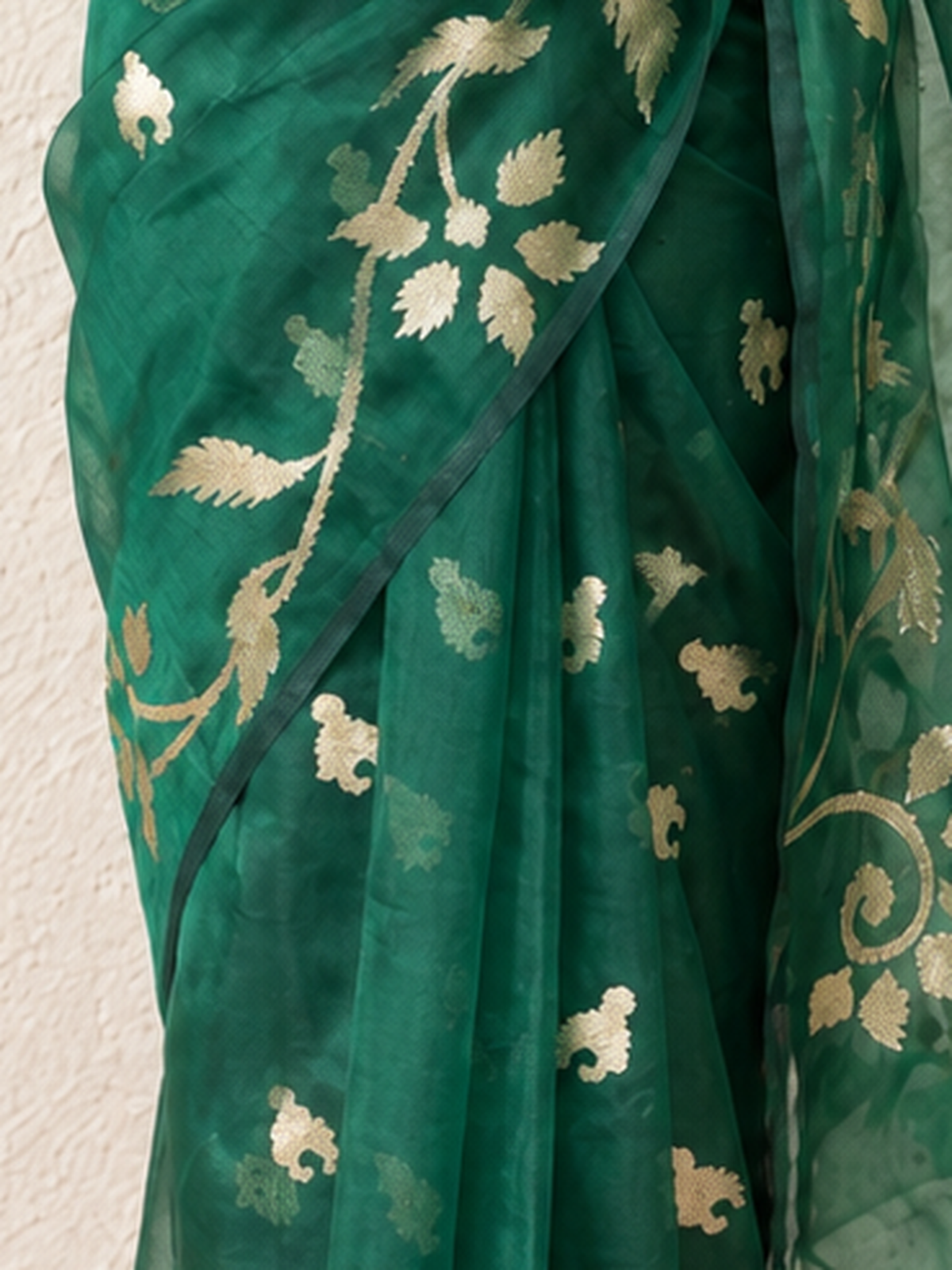 Green Organza Saree with Zari Buti and Matching Stripe Blouse Fabric