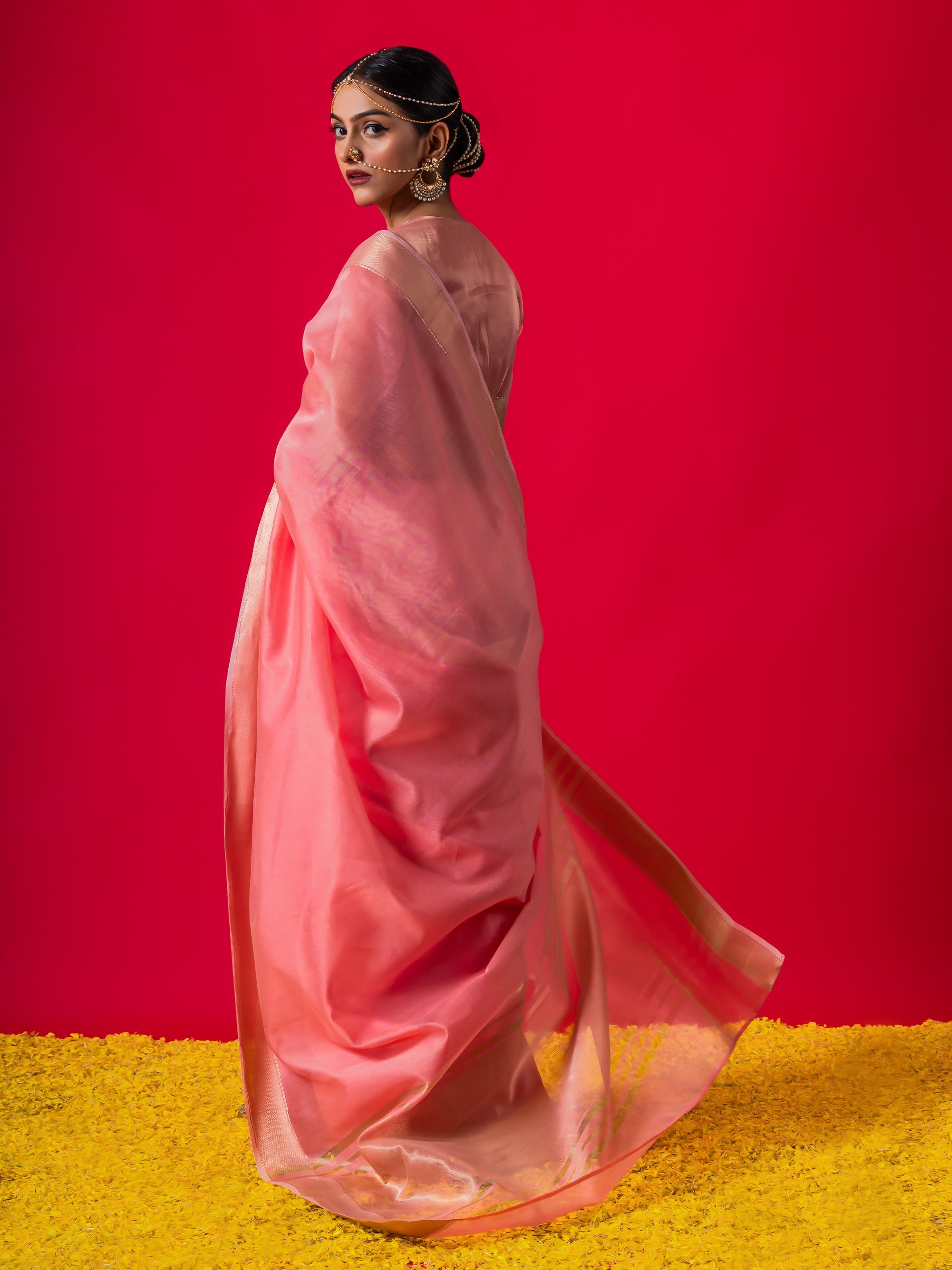 Flamingo Pink Gold Metallic Saree with Blouse Fabric
