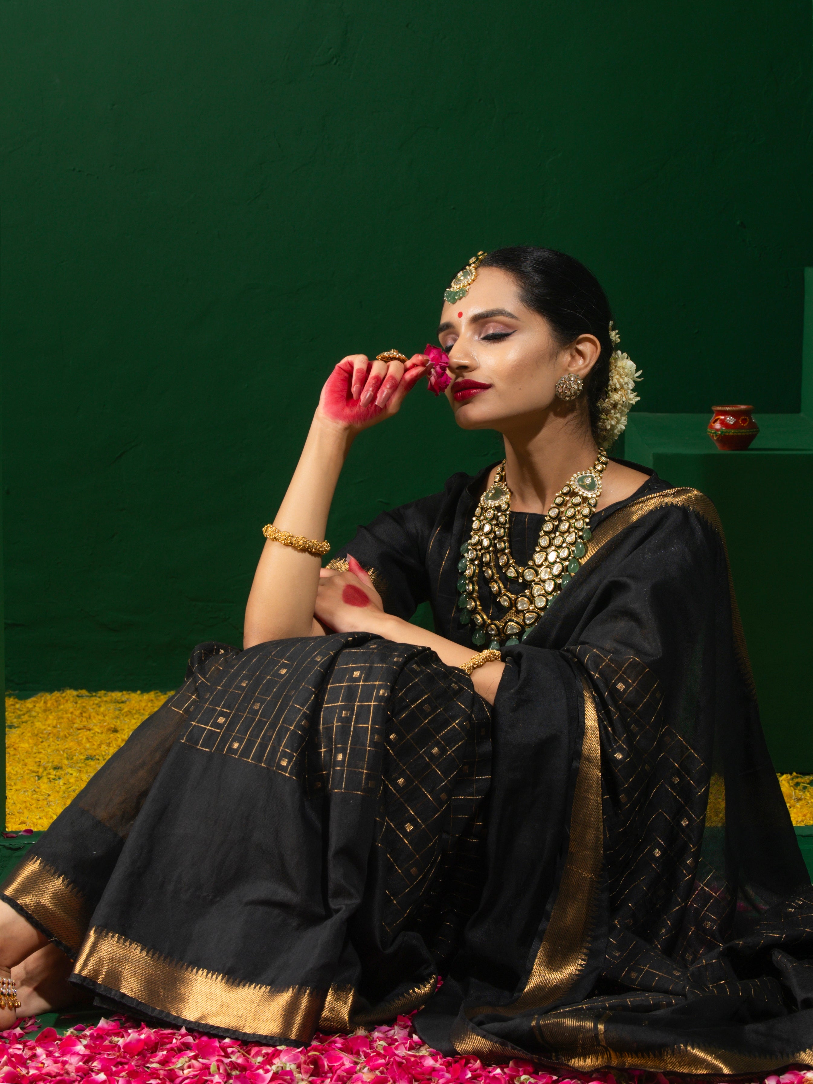 Golden Noir Saree with Zari Checks and Stripe Blouse Fabric