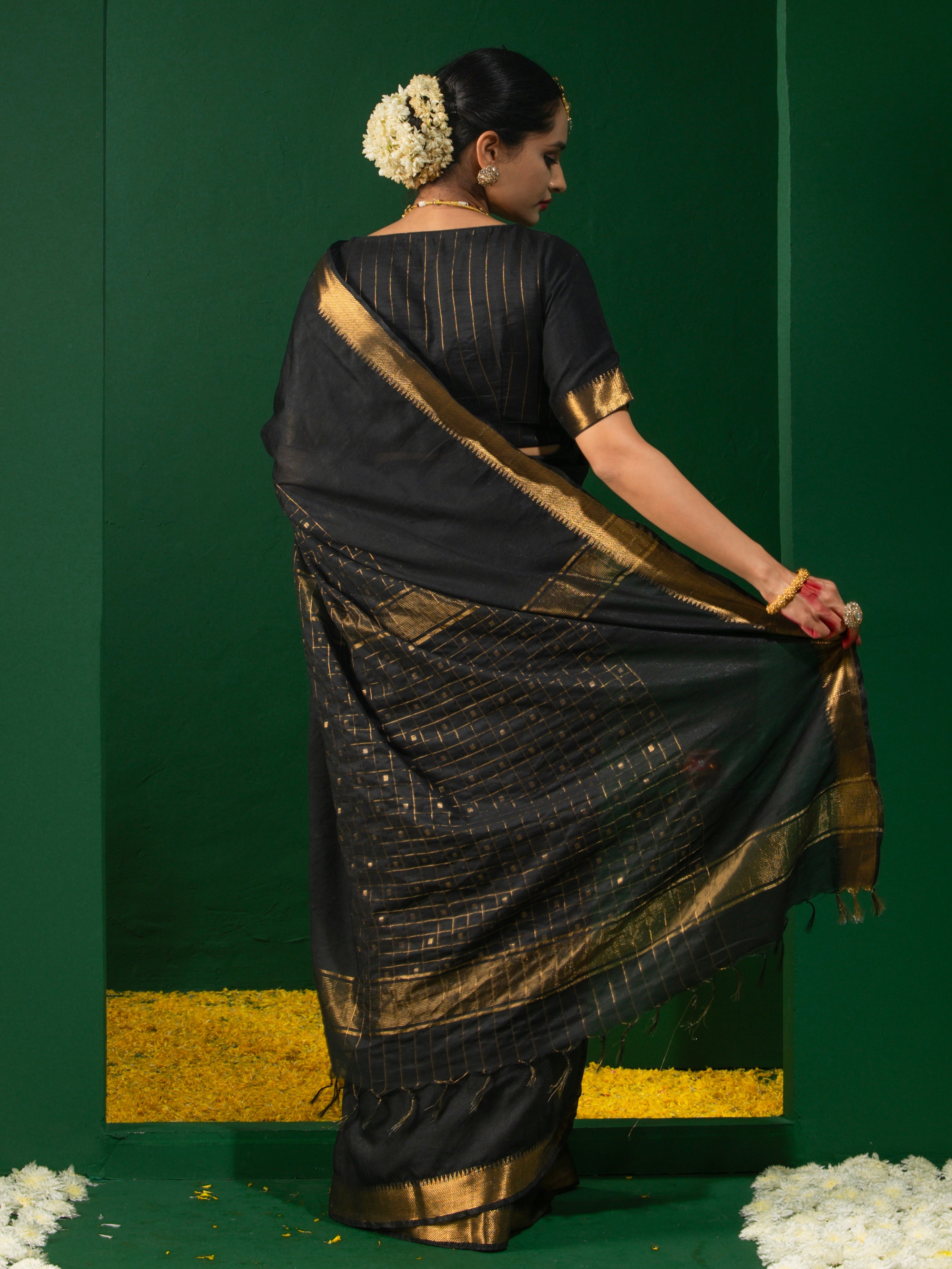 Golden Noir Saree with Zari Checks and Stripe Blouse Fabric