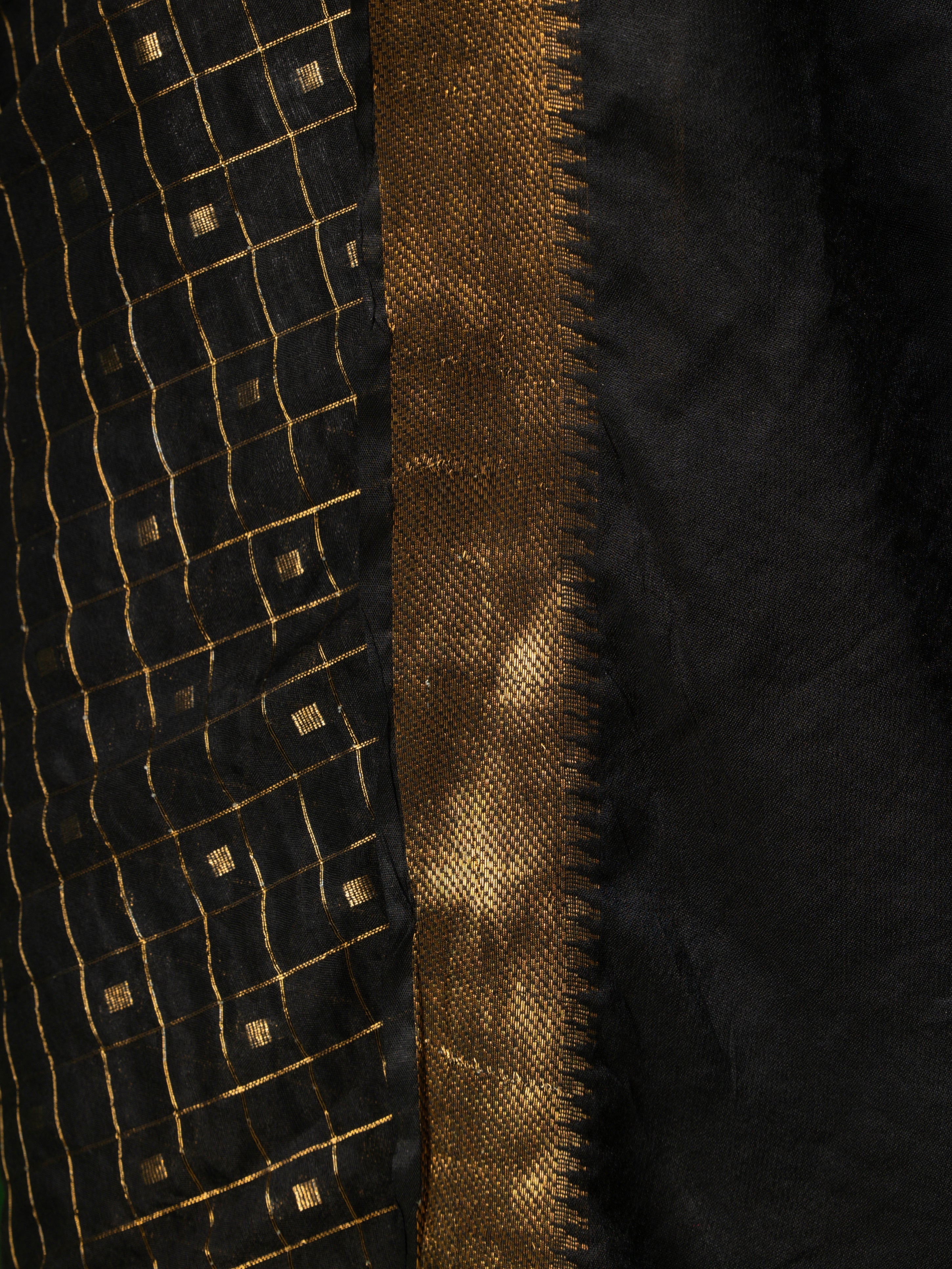 Golden Noir Saree with Zari Checks and Stripe Blouse Fabric