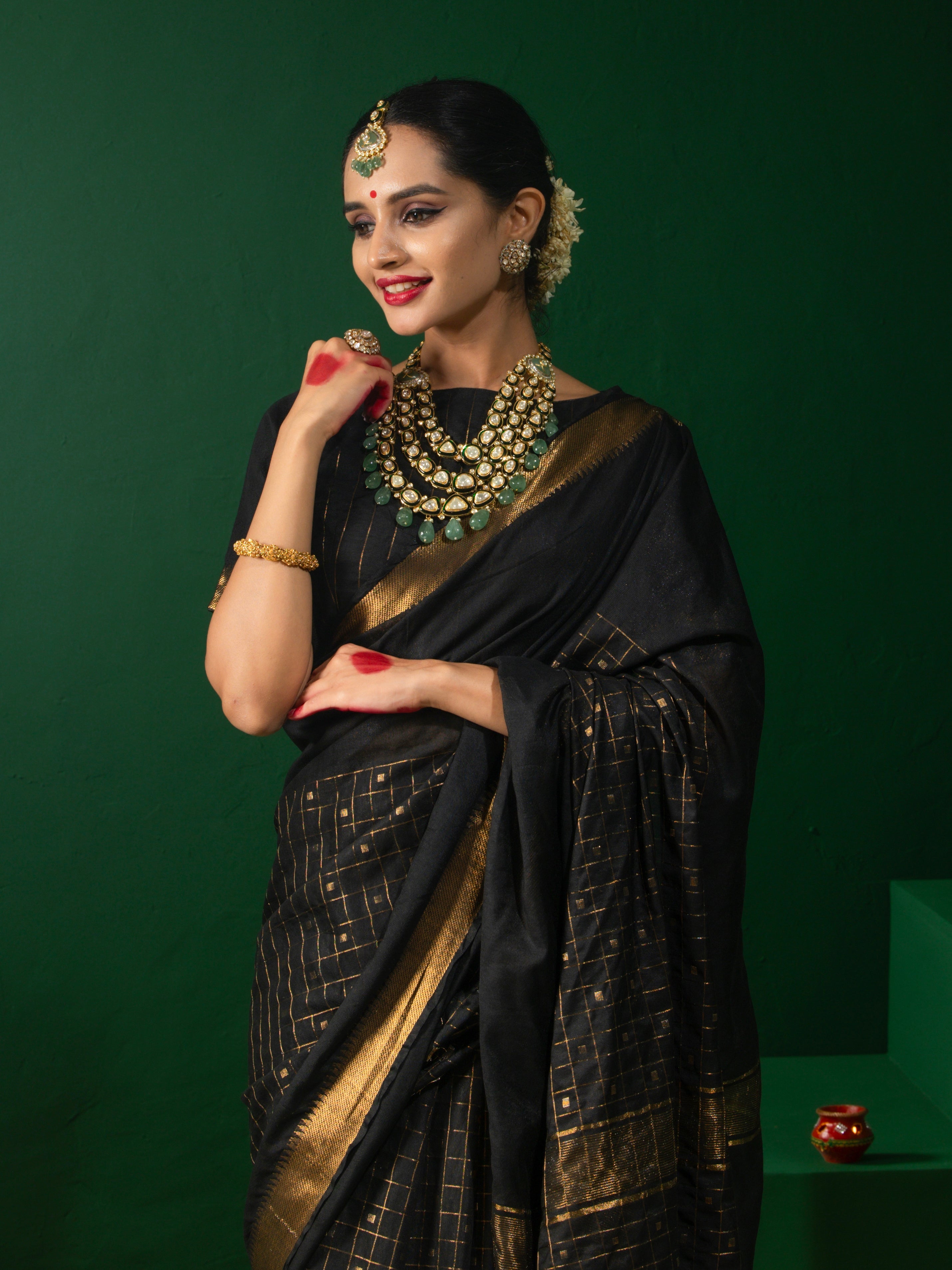 Golden Noir Saree with Zari Checks and Stripe Blouse Fabric