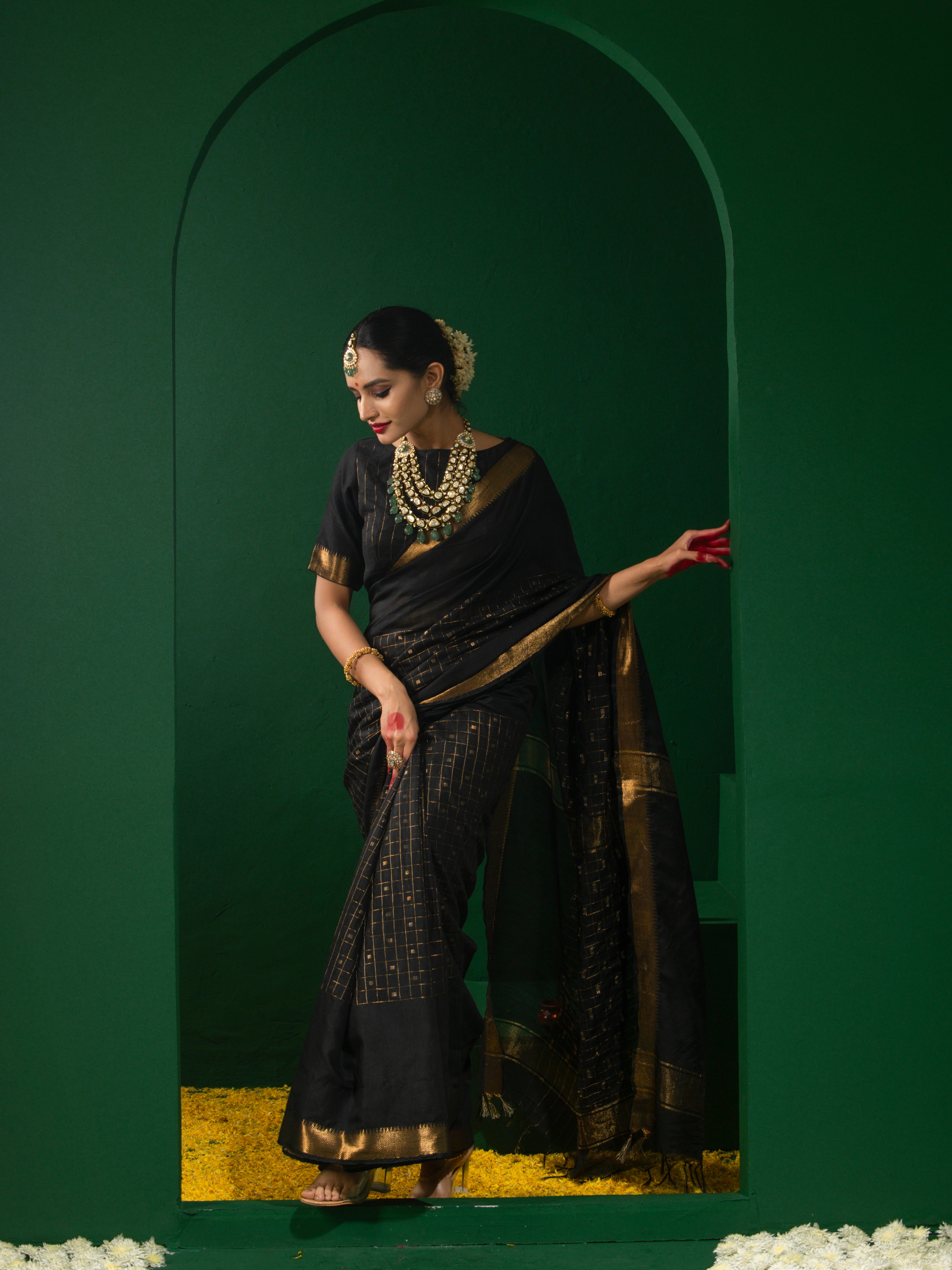 Golden Noir Saree with Zari Checks and Stripe Blouse Fabric