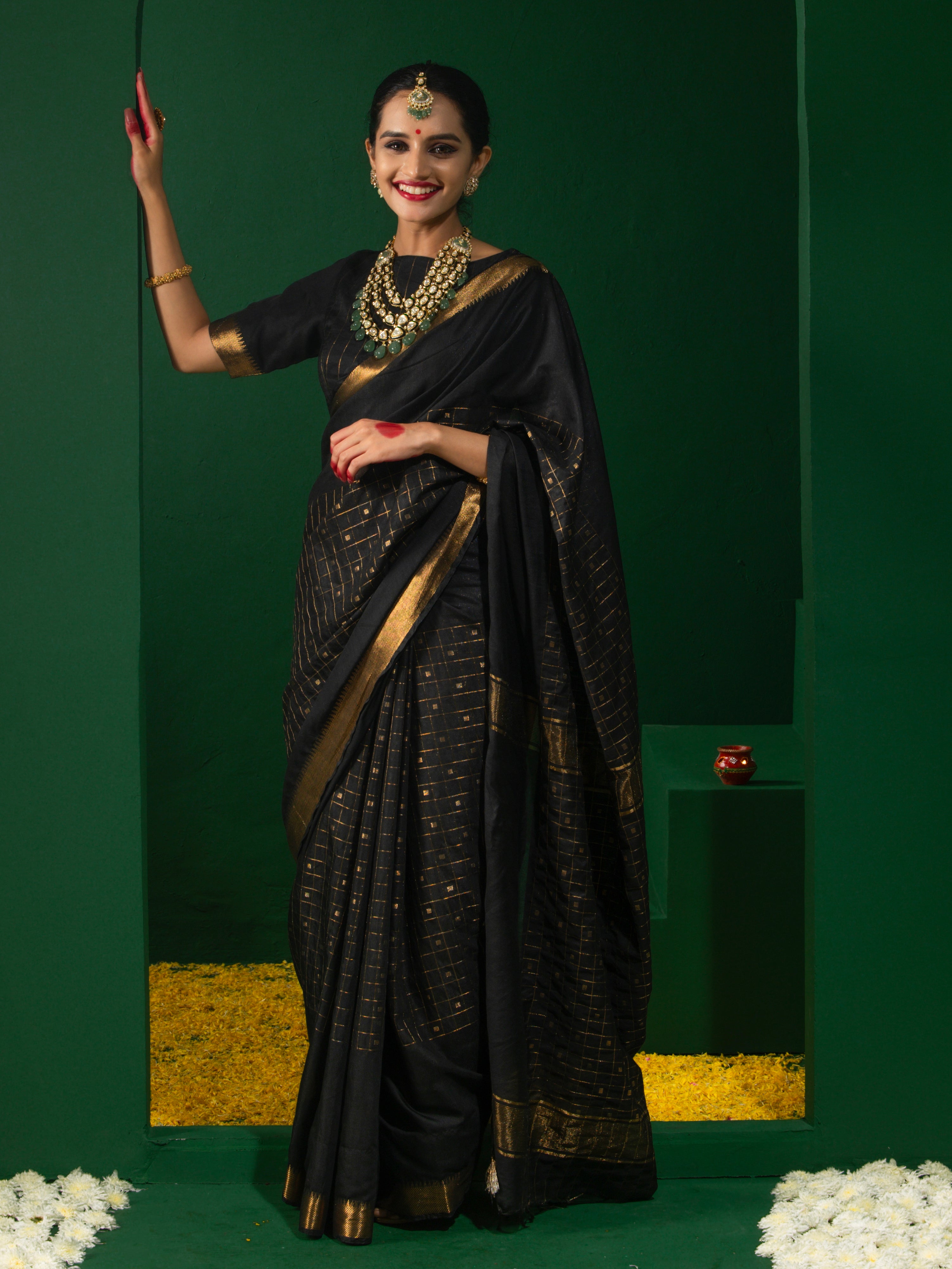 Golden Noir Saree with Zari Checks and Stripe Blouse Fabric