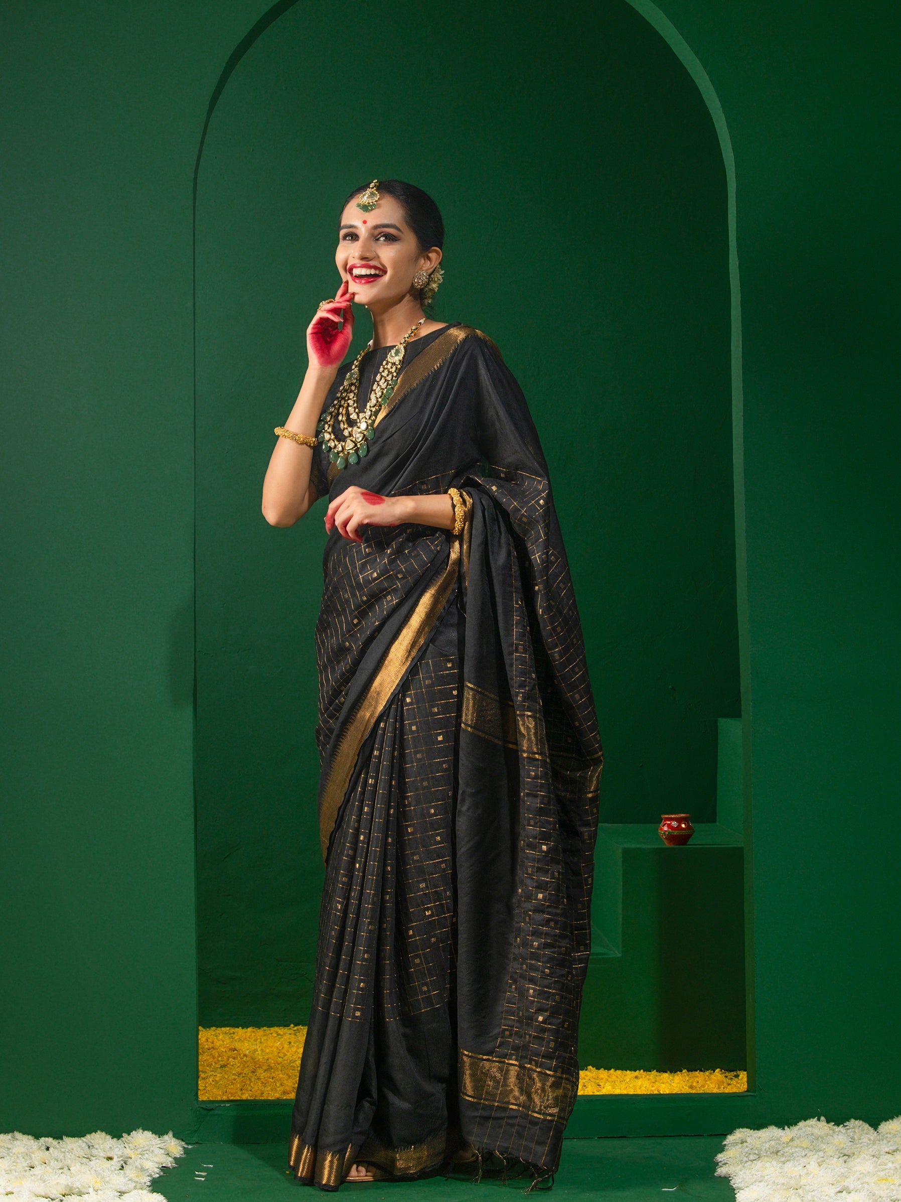 Golden Noir Saree with Zari Checks and Stripe Blouse Fabric