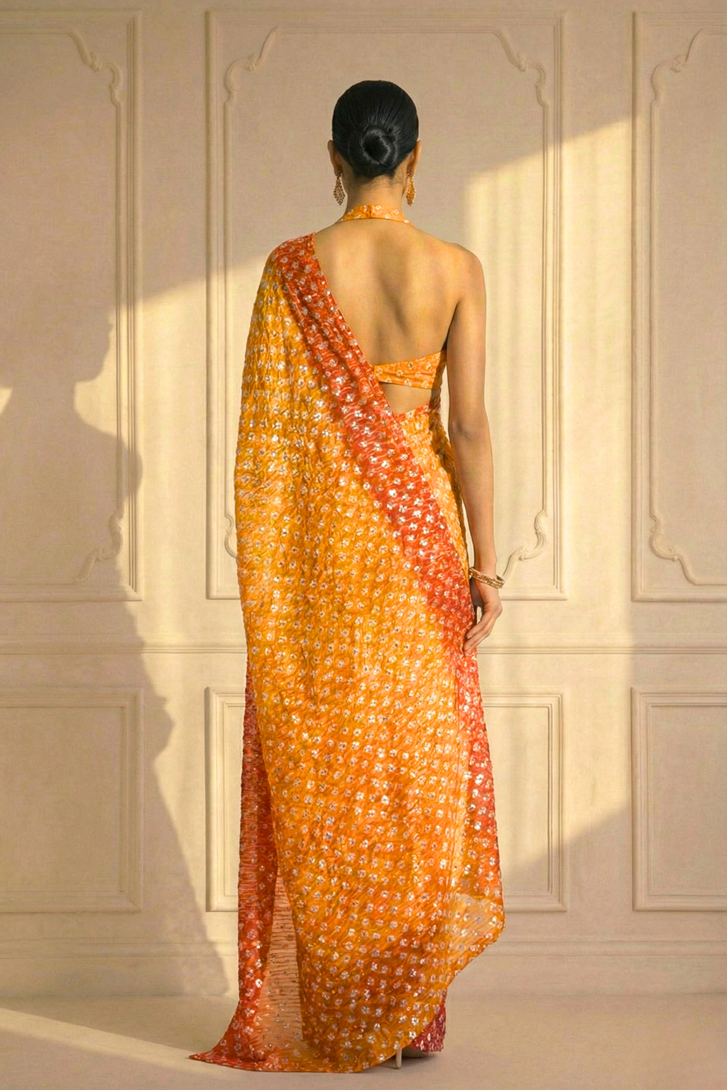 Sunset Orange and Yellow Ombre' Knitted Printed Sequin Saree with Blouse Fabric